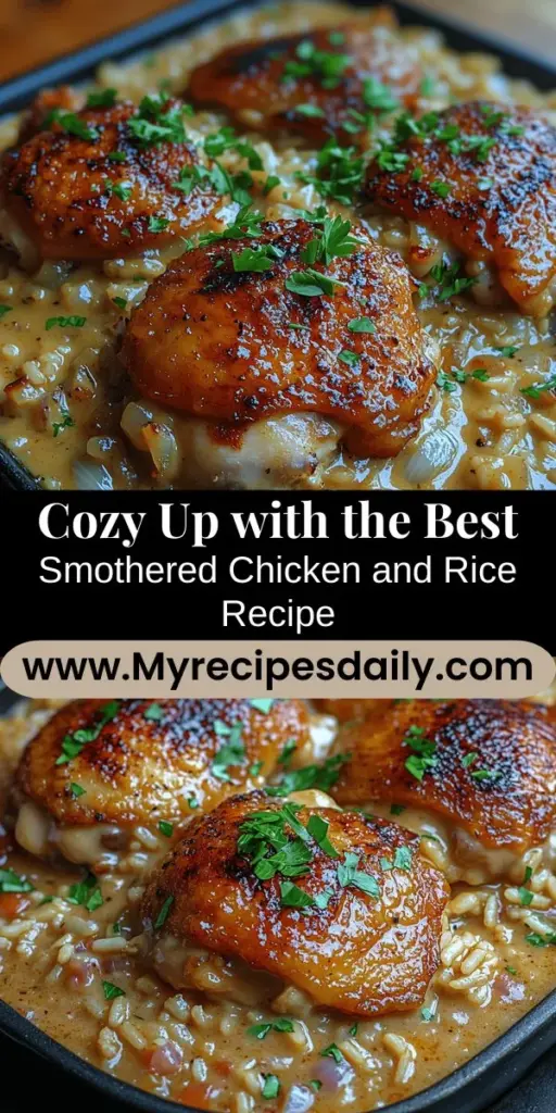 Discover the ultimate comfort food with our cozy smothered chicken and rice recipe. This heartwarming dish features succulent chicken thighs simmered in a rich, creamy sauce, served over fluffy long-grain rice that absorbs every delicious flavor. Perfect for family dinners or quiet nights in, this versatile meal evokes cherished memories and brings everyone together. Learn how to create a warming dish that's both easy to make and perfect for sharing with loved ones.