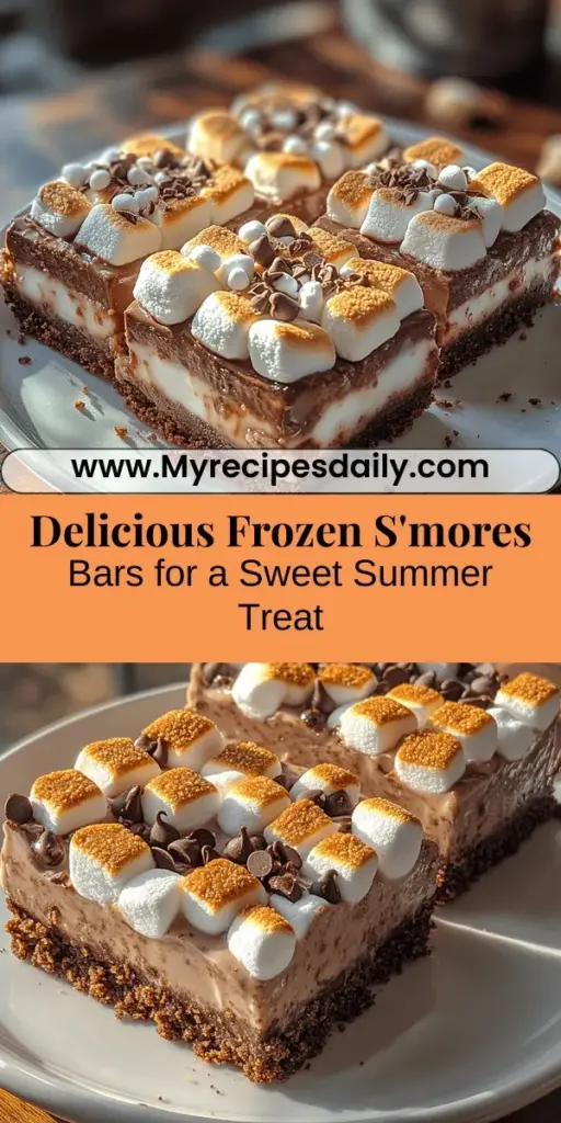 Enjoy the nostalgic flavors of s'mores in a cool, refreshing way with this Frozen S'mores Bars recipe. Perfect for summer gatherings, these easy-to-make bars combine a crunchy graham cracker crust, creamy chocolate filling, and marshmallows for a delightful treat. With minimal ingredients and simple steps, they're a fun dessert that appeals to all ages. Customize them to suit various dietary needs, making them a versatile choice for any occasion.
