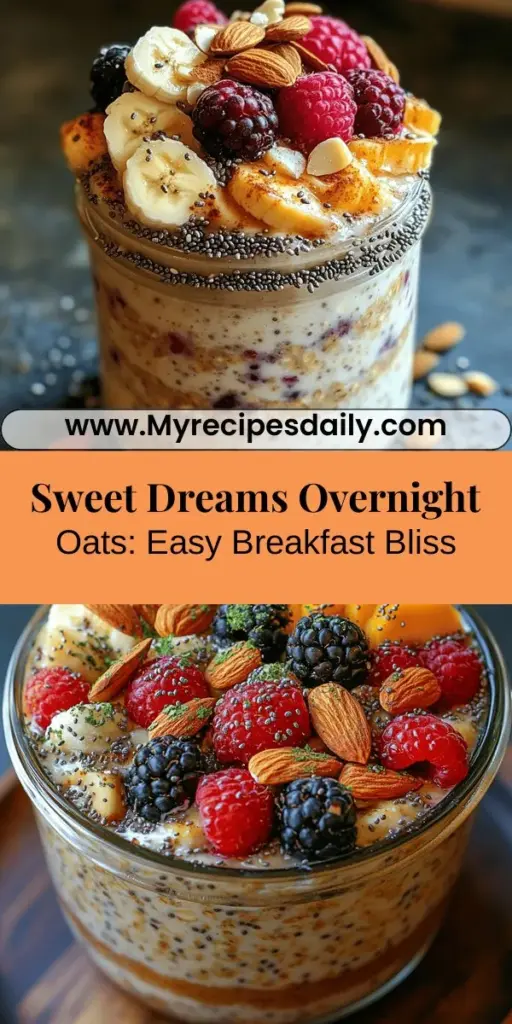 Start your day right with Sweet Dreams Overnight Oats, a nutritious and easy breakfast option perfect for busy mornings. Made by soaking rolled oats overnight in almond milk, Greek yogurt, chia seeds, and a touch of maple syrup, this recipe is packed with fiber, protein, and essential nutrients. Customize it with your favorite fruits, nuts, or spices for a delicious, satisfying meal that promotes overall well-being. It's the perfect blend of convenience and flavor!