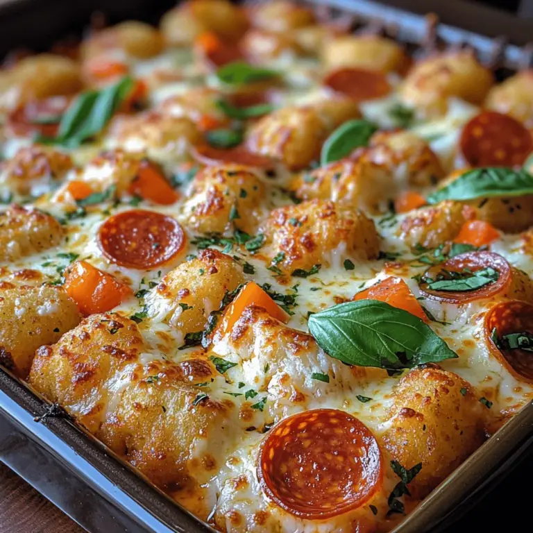 To create a Pepperoni Pizza Tater Tot Casserole that is both visually appealing and delicious, proper layering techniques are crucial. Start by preheating your oven to 400°F (200°C) while you prepare the casserole. Begin with a layer of tater tots at the bottom of your greased 9x13 inch baking dish. For even cooking, try to arrange the tater tots in a single layer, ensuring they cover the entire bottom of the dish. This foundation will give your casserole a satisfying crunch.