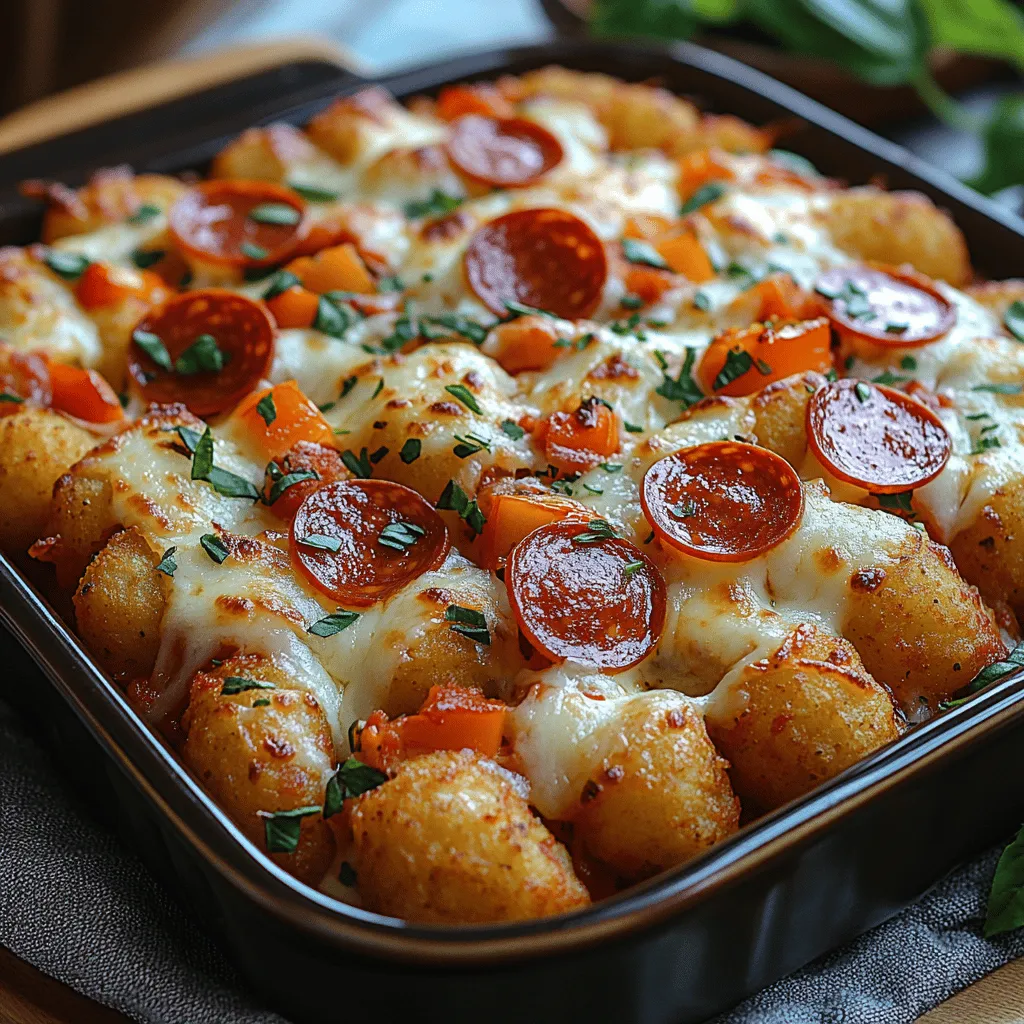 To create a Pepperoni Pizza Tater Tot Casserole that is both visually appealing and delicious, proper layering techniques are crucial. Start by preheating your oven to 400°F (200°C) while you prepare the casserole. Begin with a layer of tater tots at the bottom of your greased 9x13 inch baking dish. For even cooking, try to arrange the tater tots in a single layer, ensuring they cover the entire bottom of the dish. This foundation will give your casserole a satisfying crunch.