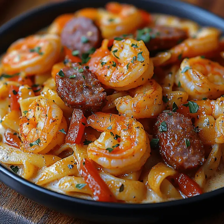 If you're in search of a dish that captivates the palate with its vibrant flavors while offering a comforting feel, look no further than Spicy Delight: Creamy Cajun Shrimp Pasta with Sausage. This dish is a harmonious blend of succulent shrimp and savory sausage, making it a hallmark of Cajun cuisine—a culinary tradition steeped in rich history and robust flavors. As you savor each bite, the creamy sauce envelops the fettuccine pasta, creating a delightful experience that is both satisfying and indulgent.
