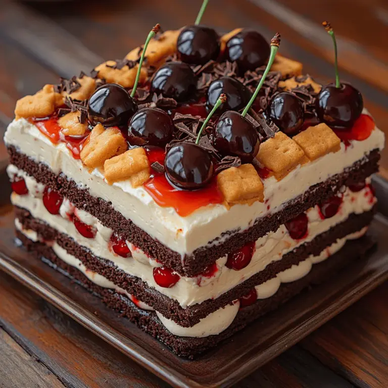 The Black Forest Icebox Cake is a delightful twist on the classic Black Forest cake, renowned for its rich combination of chocolate, cherries, and cream. Originating from the Black Forest region of Germany, traditional Black Forest cake features layers of chocolate sponge cake, cherries, and whipped cream. The icebox cake version simplifies the process, allowing you to enjoy this beloved dessert without the need for baking. This makes it perfect for warm weather gatherings and celebrations, as it requires no oven and can be prepared ahead of time.