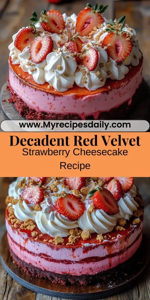 Indulge in the ultimate dessert experience with this Decadent Red Velvet Strawberry Cheesecake. Perfect for any special occasion, it harmoniously combines a rich red velvet crust with a luscious strawberry cheesecake layer, creating a visual and culinary masterpiece. Fresh strawberries enhance both flavor and presentation, while the creamy texture makes each bite irresistible. Impress your guests and elevate your dessert table with this show-stopping treat that's as delightful to behold as it is to eat. Enjoy the joy of baking and the satisfaction of serving a truly indulgent dessert!