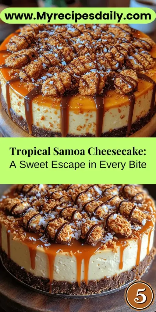 Discover the perfect blend of tropical flavors and creamy richness with the Tropical Samoa Cheesecake, a delectable twist on a classic favorite. This dessert combines the beloved taste of Samoa cookies with a luscious cheesecake filling, all on a buttery graham cracker crust. Ideal for any occasion, its unique ingredients like coconut, caramel, and chocolate will transport your taste buds to a sunny paradise. Treat your guests or satisfy your sweet tooth with this stunning centerpiece!