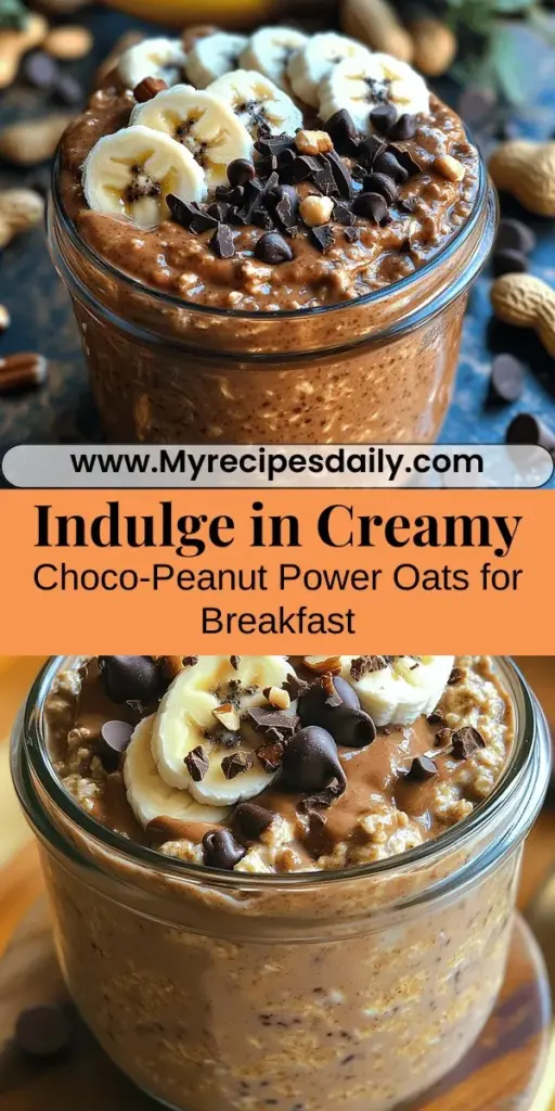 Discover the perfect way to start your day with Creamy Choco-Peanut Power Oats! This delicious and nutritious overnight oats recipe combines rolled oats, almond milk, natural peanut butter, chocolate protein powder, and chia seeds for a satisfying breakfast that's ready when you are. Packed with protein, healthy fats, and fiber, it's designed to keep you energized throughout the morning. Plus, it's easily customizable with your favorite toppings. Meal prep has never been so simple and delicious!