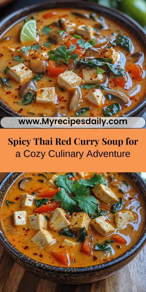 Dive into the vibrant world of flavors with Spicy Thai Bliss Red Curry Soup. This comforting dish combines luscious coconut milk, aromatic Thai red curry paste, and fresh vegetables for a nutritious meal everyone will love. Perfect for any skill level, the recipe guides you through each step, from sautéing aromatics to tailoring spice levels. Enjoy a delightful culinary experience that's not only delicious but also packed with health benefits. Warm your soul and tantalize your taste buds with this easy-to-make, colorful soup!