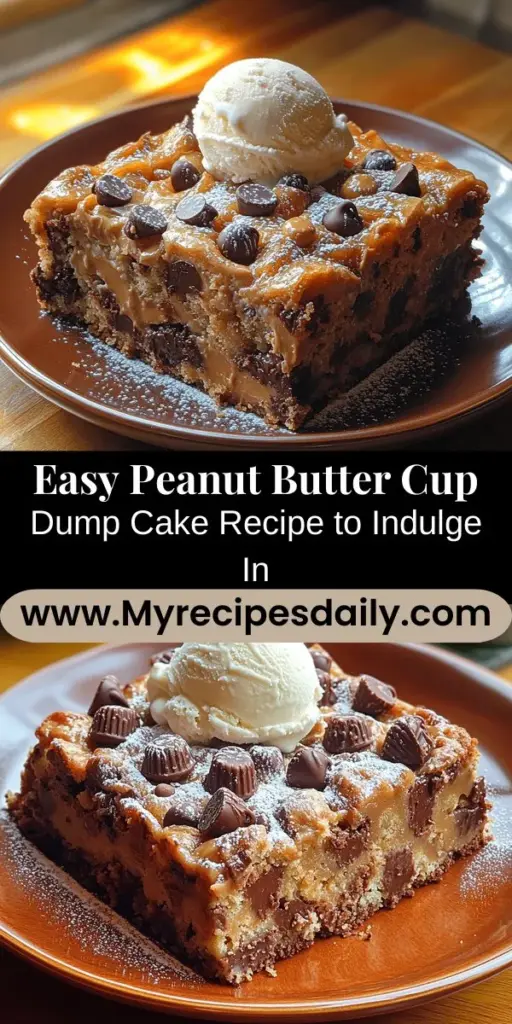Discover the mouthwatering Peanut Butter Cup Dump Cake, a quick and delicious dessert that's perfect for any occasion. This easy recipe combines rich chocolate cake mix with creamy peanut butter, gooey chocolate chips, and mini peanut butter cups, resulting in a warm, indulgent treat that will delight everyone. With minimal prep time and stunning flavors, it’s a crowd-pleaser ideal for family gatherings or cozy nights in. Treat yourself and impress your guests with this decadent delight!