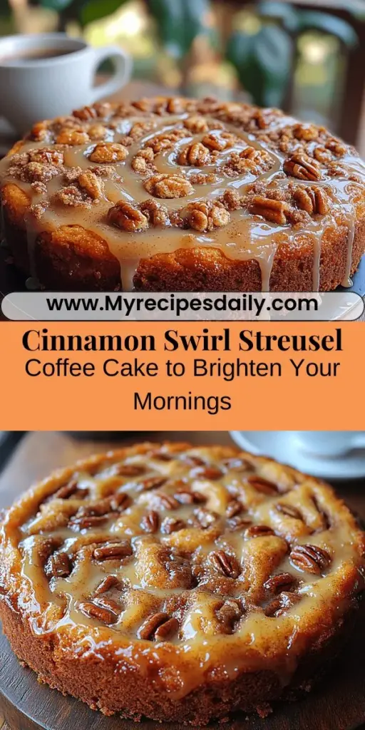 Discover the joy of baking with a Cinnamon Swirl Streusel Coffee Cake, the perfect complement to your morning coffee or afternoon tea. This delightful treat features moist layers swirled with rich cinnamon, topped with a crumbly, buttery streusel that adds the perfect crunch. Ideal for brunch gatherings or cozy family moments, this recipe is simple enough for any baker. Indulge in the delightful aroma and taste that will surely become a favorite in your home.