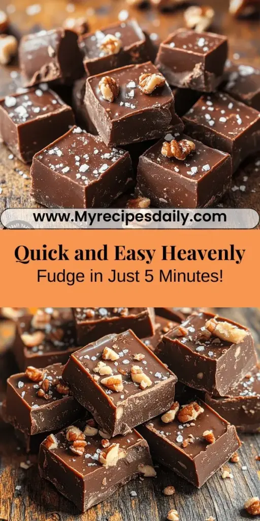 Looking for a quick and delicious dessert? Try this Heavenly 5-Minute Fudge recipe! Indulge in the rich, creamy texture and customizable flavors that make fudge a beloved treat. Using simple ingredients like sweetened condensed milk and semi-sweet chocolate chips, this recipe is perfect for any occasion. Whether you stick to the classic chocolate or add your personal touch with nuts or flavors, this fudge is sure to impress family and friends. Enjoy sweet moments and delight in creating a homemade treat that's as fun to make as it is to eat!