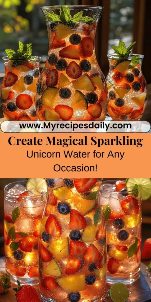 Discover the enchanting world of Sparkling Unicorn Water, a whimsical drink perfect for any occasion! This refreshing beverage combines fresh fruits like strawberries, blueberries, and pineapple with sparkling water for a visually stunning treat. Infused with mint and zesty lime juice, every sip is a delightful experience. Ideal for parties or a fun afternoon boost, it adds a splash of magic to your gatherings. Try this vibrant recipe and sprinkle in some edible glitter to elevate your enjoyment!