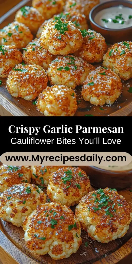 Discover a delicious way to enjoy cauliflower with these Crunchy Garlic Parmesan Cauliflower Bites! This easy recipe transforms cauliflower into crispy, flavorful bites that are perfect for snacking or entertaining. Coated with a savory blend of garlic, spices, and Parmesan cheese, they offer a satisfying crunch with every bite. They're versatile enough for various diets, easily adapted to be gluten-free or vegan. Perfect for parties or a healthy snack, these bites will impress everyone!