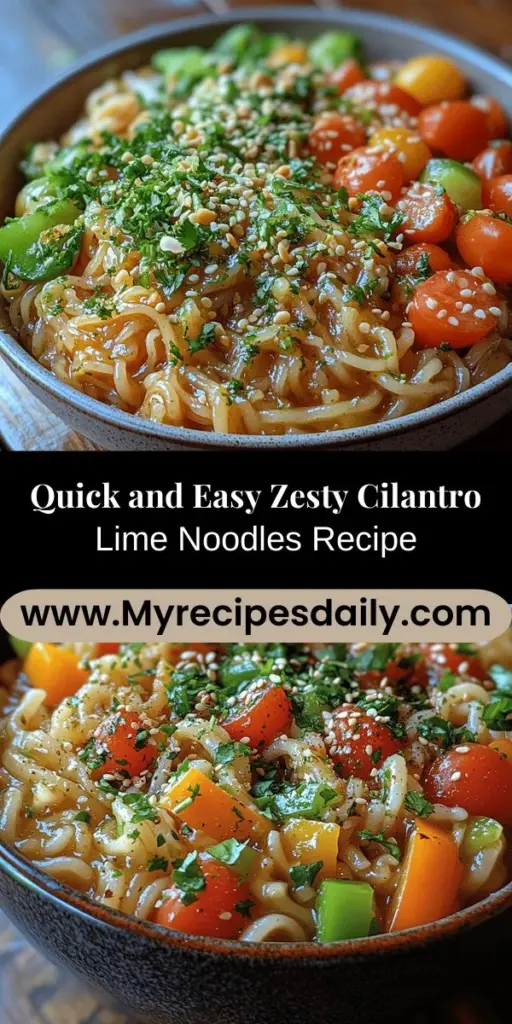 Discover a burst of flavor with Zesty Cilantro Lime Noodles, a quick and refreshing dish perfect for busy weeknights. With a delightful combination of fresh cilantro, zesty lime juice, and savory soy sauce, this vegetarian meal is both satisfying and customizable. Packed with nutritious vegetables and easy to adapt for various dietary needs, these noodles are a must-try that will leave you craving more. Elevate your meals with this vibrant recipe!