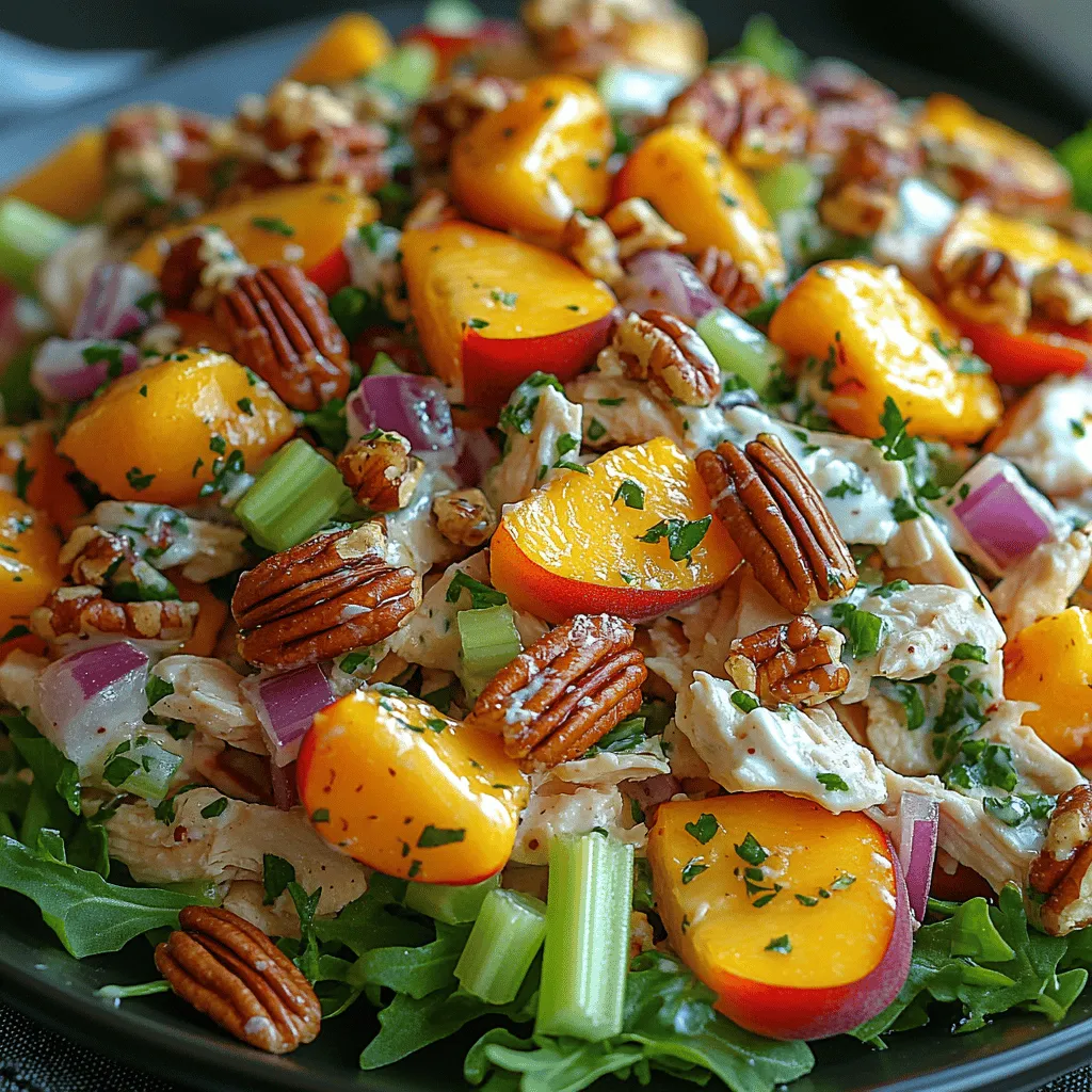 As the warm summer months approach, the desire for refreshing and light meals naturally increases. Salads have become a staple for many, offering a diverse array of flavors and textures that can be enjoyed in countless variations. One standout option is the Juicy Peach & Pecan Chicken Salad—a delightful blend that’s not only visually appealing but also packed with nutrients. This salad is a celebration of freshness, showcasing the natural sweetness of ripe peaches, the satisfying crunch of pecans, and the tender juiciness of chicken breast.