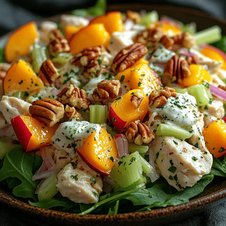 As the warm summer months approach, the desire for refreshing and light meals naturally increases. Salads have become a staple for many, offering a diverse array of flavors and textures that can be enjoyed in countless variations. One standout option is the Juicy Peach & Pecan Chicken Salad—a delightful blend that’s not only visually appealing but also packed with nutrients. This salad is a celebration of freshness, showcasing the natural sweetness of ripe peaches, the satisfying crunch of pecans, and the tender juiciness of chicken breast.