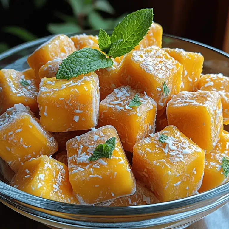As the sun shines brightly and temperatures rise, there’s nothing quite like a refreshing treat to keep you cool and satisfied. Enter the Tropical Bliss Frozen Mango Coconut Cubes — a delightful fusion of sweet, juicy mango and creamy coconut that captures the essence of summer in every bite. This simple yet indulgent recipe is perfect for those hot afternoons when you crave something light, refreshing, and guilt-free. These frozen cubes are not just a snack; they can elevate your smoothies, parfaits, or even serve as a delightful topping for your favorite desserts.