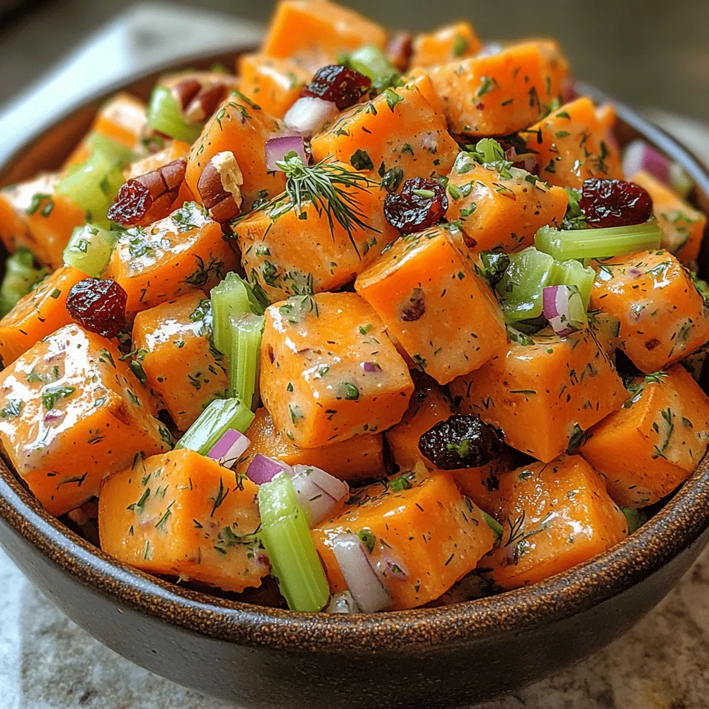 Welcome to a culinary adventure that celebrates one of nature's sweetest treasures: the sweet potato. The <strong>Creamy Dreamy Sweet Potato Salad</strong> is not just a dish; it’s a delightful blend of flavors and textures that makes it an ideal choice for gatherings, picnics, or as a hearty side at any meal. This salad is truly the embodiment of comfort food, bringing together the natural sweetness of sweet potatoes with a creamy dressing that elevates its taste to new heights.” /></p>
</p>
<h2>Creamy Dreamy Sweet Potato Salad: A Wholesome Delight</h2>
</p>
<h3>The Significance of Each Ingredient in the Dressing</h3>
</p>
<p>The dressing is the heart of any salad, and for our Creamy Dreamy Sweet Potato Salad, it brings together a symphony of flavors that enhance the natural sweetness of the sweet potatoes. The main ingredients include Greek yogurt, apple cider vinegar, honey, Dijon mustard, olive oil, garlic powder, salt, and pepper.</p>
</p>
<p>– <strong>Greek Yogurt</strong>: This creamy base not only adds richness but also contributes a healthy dose of protein and probiotics, making the salad nutritious.</p>
<p>– <strong>Apple Cider Vinegar</strong>: Providing a tangy contrast, this ingredient also balances the sweetness from the potatoes and honey. Its acidity helps to brighten up the flavors.</p>
<p>– <strong>Honey</strong>: This natural sweetener enhances the overall sweetness, complementing the sweet potatoes while adding a hint of floral notes.</p>
<p>– <strong>Dijon Mustard</strong>: It introduces a subtle sharpness that rounds out the dressing, delivering a flavorful kick that pairs beautifully with the sweet and creamy elements.</p>
<p>– <strong>Olive Oil</strong>: A drizzle of high-quality olive oil not only contributes healthy fats but also gives the dressing a silky texture, making it easier to coat the salad ingredients.</p>
<p>– <strong>Garlic Powder</strong>: A touch of garlic powder adds depth and umami, creating a well-rounded flavor profile without overpowering the other ingredients.</p>
<p>– <strong>Salt and Pepper</strong>: These essential seasonings enhance the overall flavor, ensuring each bite is well-seasoned and satisfying.</p>
</p>
<h3>Importance of Whisking for a Smooth Texture</h3>
</p>
<p>Achieving a smooth and creamy dressing is crucial for the overall appeal of your salad. Whisking the dressing until it is fully combined allows the ingredients to emulsify, creating a luscious texture that clings beautifully to the sweet potatoes and other vegetables. This method ensures that the flavors are evenly distributed, providing a consistent taste experience with each bite.</p>
</p>
<h3>Customizing the Dressing</h3>
</p>
<p>One of the joys of making your own dressing is the ability to customize it to your taste. If you prefer a sweeter profile, consider adding a dash more honey or maple syrup. For a tangier kick, increase the apple cider vinegar or add a squeeze of fresh lemon juice. You can also experiment with different mustard varieties, such as whole grain or spicy brown, to add unique flavor notes. Don’t hesitate to adjust the garlic powder according to your palate, or even add fresh herbs like parsley or dill for an extra layer of freshness.</p>
</p>
<h3>Combining Ingredients</h3>
</p>
<p>Once your dressing is ready, it’s time to combine the salad ingredients. Begin by placing the roasted or boiled sweet potatoes in a large mixing bowl. It’s crucial to <strong>gently fold</strong> the sweet potatoes to maintain their integrity; this ensures that you have tender, chunky bites rather than a mushy mix.</p>
</p>
<p>Next, incorporate the dressing with care. Pour a generous amount over the sweet potatoes and any additional vegetables you’ve chosen, such as diced bell peppers, chopped celery, or red onions. Use a spatula to fold the ingredients together, ensuring that each piece is evenly coated with the creamy dressing. This gentle technique preserves the texture of the sweet potatoes while allowing the flavors to meld beautifully.</p>
</p>
<h3>Suggested Variations</h3>
</p>
<p>Feel free to get creative with your salad! You can introduce seasonal vegetables like roasted Brussels sprouts in the fall or fresh corn in the summer. Adding nuts, such as walnuts or pecans, provides a delightful crunch and enhances the nutritional profile with healthy fats. If you want a pop of color and flavor, consider adding fruits like diced apples or cranberries for a sweet contrast. You can also swap out the Greek yogurt for a vegan alternative, such as cashew cream or silken tofu, to cater to different dietary preferences.</p>
</p>
<h3>Chilling the Salad</h3>
</p>
<p>Chilling your salad is a vital step that should not be overlooked. Placing the mixed salad in the refrigerator for at least 30 minutes allows the flavors to meld and intensify. The cooling process enhances the overall taste, giving the dressing time to seep into the sweet potatoes and other ingredients, resulting in a harmonious blend of flavors.</p>
</p>
<p>When it comes to storage, if you have leftovers, store them in an airtight container in the refrigerator. This salad can be kept fresh for up to three days, but be aware that the sweet potatoes may lose some of their texture over time. If you’re preparing this salad for a gathering, consider making it a day in advance to allow the flavors to develop fully.</p>
</p>
<h3>Serving Suggestions</h3>
</p>
<p>The Creamy Dreamy Sweet Potato Salad is incredibly versatile and can be served in various ways. As a side dish, it pairs wonderfully with grilled chicken, fish, or tofu, lending a delightful contrast to heartier mains. It’s also a fantastic addition to buffet spreads, offering a nutritious option that appeals to a wide range of guests.</p>
</p>
<p>For an appealing presentation, consider garnishing your salad with fresh herbs like cilantro or parsley, or sprinkle some toasted seeds or nuts on top for added crunch. The vibrant colors of the sweet potatoes and any additional veggies make for a visually stunning dish that is sure to impress.</p>
</p>
<p>This salad caters to various dietary needs, making it suitable for vegetarian and gluten-free diets. Its wholesome ingredients ensure that everyone can enjoy a serving without compromising their dietary restrictions.</p>
</p>
<h3>Nutritional Information</h3>
</p>
<p>For those keeping an eye on their nutritional intake, here’s a breakdown of the Creamy Dreamy Sweet Potato Salad per serving (approximately 1 cup):</p>
</p>
<p>– <strong>Calories</strong>: 220</p>
<p>– <strong>Protein</strong>: 5g</p>
<p>– <strong>Total Fat</strong>: 8g</p>
<p>– Saturated Fat: 1.5g</p>
<p>– <strong>Carbohydrates</strong>: 35g</p>
<p>– Dietary Fiber: 6g</p>
<p>– Sugars: 8g</p>
<p>– <strong>Vitamins and Minerals</strong>:</p>
<p>– Vitamin A: 184% of the Daily Value (DV)</p>
<p>– Vitamin C: 30% of the DV</p>
<p>– Calcium: 4% of the DV</p>
<p>– Iron: 6% of the DV</p>
</p>
<p>This salad is not only delicious but also packed with vitamins and minerals, particularly vitamin A from sweet potatoes, which is essential for eye health and immune function. Its fiber content promotes digestive health, making it a great addition to a balanced diet.</p>
</p>
<h3>Conclusion</h3>
</p>
<p>The Creamy Dreamy Sweet Potato Salad is a delightful combination of flavors and textures that can elevate any meal. With its creamy dressing, tender sweet potatoes, and customizable ingredients, it proves to be a versatile dish that fits seamlessly into various dining occasions. Not only is it easy to prepare, but it also provides numerous health benefits, making it an ideal choice for health-conscious eaters.</p>
</p>
<p>Encouraging you to include this wholesome dish in your meal rotation, the Creamy Dreamy Sweet Potato Salad is sure to become a favorite among family and friends, showcasing how simple ingredients can come together to create an extraordinary dining experience. Enjoy this salad as a nutritious side, a light lunch, or as part of a buffet spread—it’s a dish that truly shines in any setting.</p>
</div>