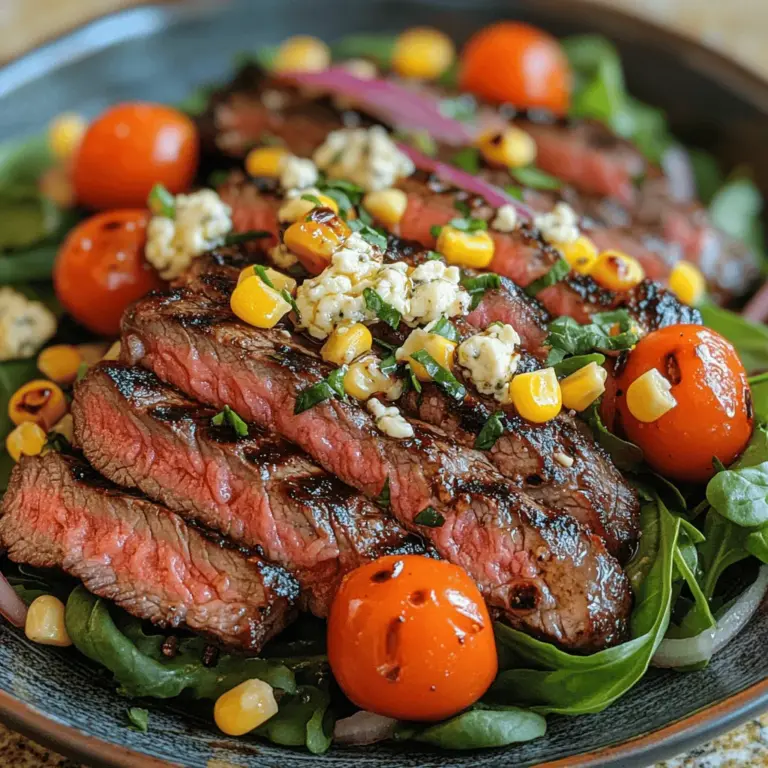 Prepare to indulge your taste buds with a dish that expertly marries savory and sweet: the Savory Balsamic Steak Gorgonzola Salad with Grilled Corn. This salad is more than just a simple side; it’s a vibrant medley of flavors and textures that transforms everyday ingredients into a culinary masterpiece. Picture tender, marinated flank steak grilled to juicy perfection, paired with the rich creaminess of Gorgonzola cheese, and complemented by the sweetness of fresh, grilled corn. Each bite offers a delightful balance of flavors that is both satisfying and refreshing.