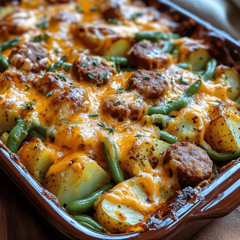 In the realm of comfort food, few dishes can rival the heartwarming embrace of a classic casserole. Our Savory Sausage & Green Bean Potato Bake is a shining example of this genre, showcasing a medley of flavors and textures that come together to create a truly satisfying meal. This dish features succulent Italian sausage, vibrant green beans, and tender potatoes, all brought to life with a rich and creamy sauce, culminating in a gooey layer of melted cheddar cheese on top. Whether you’re seeking a family-friendly dinner option or a dish to prepare ahead of time for busy weeknights, this savory bake fits the bill.