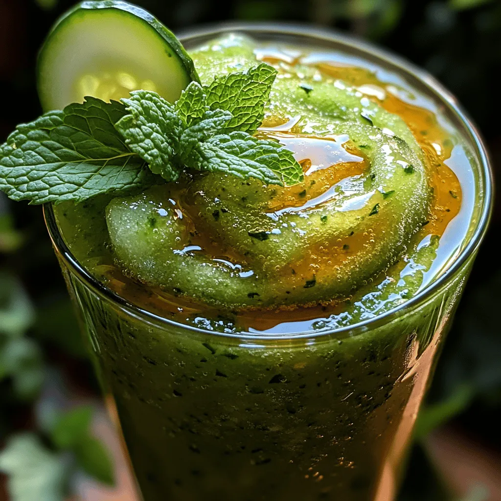 When the temperatures soar and the sun shines brightly, there’s nothing quite like a refreshing beverage to quench your thirst and rejuvenate your spirit. Enter the <strong>Cucumber Mint Slush</strong>, a vibrant and revitalizing drink that encapsulates the essence of summer in a glass. This delightful concoction not only tantalizes your taste buds but also provides an array of health benefits, making it a perfect choice for those seeking a nutritious and delicious way to stay hydrated.” /></p>
</p>
<p><strong>Straining for Texture Perfection</strong></p>
</p>
<p>Once you’ve blended your cucumber and mint mixture to a smooth consistency, the next step is straining. Using a fine mesh sieve or cheesecloth, strain the mixture into a large bowl or pitcher. This process is essential for achieving a silky texture in your cucumber mint slush. Straining removes any fibrous cucumber pulp, ensuring that your slush is refreshingly smooth and easy to sip. The result is a beverage that feels light and airy, perfect for cooling down on a hot day.</p>
</p>
<p>However, if you prefer a chunkier consistency, there are alternatives to straining. You can simply blend the mixture less thoroughly, leaving some bits of cucumber and mint intact for added texture. This method preserves the natural crunch of the cucumber and provides a more rustic feel to your beverage. Experimenting with the level of blending allows you to customize the slush to your personal preference, ensuring that every sip is just the way you like it.</p>
</p>
<p><strong>Combining with Ice for the Perfect Slush</strong></p>
</p>
<p>Achieving the ideal slushy texture is all about the right balance of liquid and ice. After straining, pour the cucumber-mint juice back into your blender, adding ice cubes gradually. Start with about two cups of ice and blend on high until the mixture reaches a thick, slushy consistency. If it’s too thick, add a splash of water or more juice; if it’s too thin, add more ice.</p>
</p>
<p>Remember, the final texture should be smooth yet frosty — a delightful blend that holds its shape when poured into a glass. For those who enjoy a more frozen treat, you can freeze the strained cucumber-mint juice in ice cube trays and blend those cubes for an extra icy slush. This method intensifies the refreshing flavor and adds a fun twist to your drink.</p>
</p>
<p><strong>Serving Suggestions</strong></p>
</p>
<p>Presentation can elevate your Cucumber Mint Slush from a simple beverage to a refreshing centerpiece. Serve the slush in tall, frosty glasses to showcase its vibrant green color. For an appealing garnish, float a few fresh mint leaves on top of each drink. You can also add a thin slice of cucumber on the rim of the glass for a sophisticated touch.</p>
</p>
<p>To enhance the visual appeal, consider using a sprinkle of edible flowers or a twist of lime peel atop the slush. These small details make a significant difference, especially if you’re serving this slush at a summer gathering or party. Providing colorful straws can also add a fun element, inviting guests to enjoy their drink in style.</p>
</p>
<p><strong>Nutritional Analysis</strong></p>
</p>
<p>Understanding the nutritional benefits of your Cucumber Mint Slush can make enjoying it even more rewarding. Each serving of this slush, approximately 8 ounces, contains around 50-60 calories, depending on the amount of sweetener used. The primary ingredients — cucumber and mint — provide an array of vitamins and minerals. Cucumbers are hydrating and low in calories, making them an excellent choice for weight management. They are also rich in vitamins K and C, which are essential for bone health and immune function, respectively.</p>
</p>
<p>Mint, while used in smaller quantities, offers its own health benefits. It aids digestion and adds a refreshing flavor without added calories. Additionally, the slush serves as an excellent post-workout refreshment, replenishing fluids lost during exercise while providing a natural source of energy through its vitamins and minerals. Given its low-calorie content and rich nutritional profile, this slush is not only a delicious treat but also a healthful option for those hot summer days.</p>
</p>
<p><strong>Variations and Customizations</strong></p>
</p>
<p>One of the best aspects of the Cucumber Mint Slush is its versatility. You can easily customize it to suit your taste preferences or dietary needs.</p>
</p>
<p><strong>Adding Fruits for Flavor</strong></p>
</p>
<p>To enhance the sweetness and flavor profile, consider incorporating fruits into your slush. Watermelon and strawberries are excellent choices that pair beautifully with cucumber and mint. Simply blend chunks of these fruits along with the cucumber and mint mixture for a richer taste. Not only do they add natural sweetness, but they also contribute additional vitamins and hydration.</p>
</p>
<p><strong>Infusing with Other Herbs</strong></p>
</p>
<p>For those who enjoy experimenting with flavors, infusing your slush with other herbs can create a unique twist. Basil or cilantro can add an unexpected depth to the drink. Just a few leaves blended in with the cucumber and mint can transform the flavor profile entirely. This exploration of herbs not only adds complexity but also introduces new health benefits associated with these ingredients.</p>
</p>
<p><strong>Adjusting Sweetness and Flavor Profiles</strong></p>
</p>
<p>Sweetness is another element you can easily adjust based on personal preference. If you prefer a less sweet slush, reduce the amount of sweetener used or opt for natural alternatives like honey or agave syrup. Conversely, if you enjoy a sweeter treat, feel free to increase the sweetener until it meets your taste.</p>
</p>
<p><strong>Cultural and Seasonal Context</strong></p>
</p>
<p>Refreshing beverages like the Cucumber Mint Slush hold a special place in various cultures, particularly during hot seasons. In many Mediterranean countries, cucumber drinks are staples during summer, celebrated for their hydrating properties and cooling effect. This slush fits seamlessly into summer gatherings and barbecues, embodying the essence of refreshing drinks enjoyed worldwide.</p>
</p>
<p>In addition, seasonal trends often see an uptick in the popularity of light, refreshing cocktails and mocktails. This slush is an excellent non-alcoholic option that can easily be transformed into a cocktail by adding spirits like gin or vodka for an adult twist. Its bright flavor and striking appearance make it a perfect choice for summer parties, garden gatherings, or simply a refreshing afternoon treat.</p>
</p>
<p><strong>Conclusion</strong></p>
</p>
<p>The Cucumber Mint Slush is more than just a beverage; it’s a revitalizing experience that embodies the essence of summer. With its refreshing qualities, low-calorie content, and the health benefits of its natural ingredients, this slush is a fantastic way to cool down while indulging in something delicious.</p>
</p>
<p>The simplicity of this recipe allows anyone to create a gourmet drink at home, transforming fresh ingredients into a delightful treat. I encourage you to try this recipe and enjoy the refreshing experience it offers. Whether you’re lounging by the pool, hosting a summer gathering, or simply looking for a healthy, hydrating drink, the Cucumber Mint Slush is sure to impress. Enjoy crafting this delightful beverage and savor every sip of its refreshing goodness.</p>
</div>