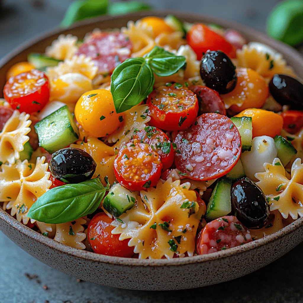 Pasta salads have become a quintessential dish for gatherings and parties, and for good reason. Their ease of preparation, ability to serve a crowd, and the delightful combinations of flavors make them a favorite among hosts and guests alike. Among the myriad of pasta salad recipes available, the <strong>Italian Party Pasta Salad</strong> stands out as a vibrant and flavorful option that captures the essence of Italian cuisine. This dish is not only visually appealing but also packed with fresh ingredients that offer a burst of flavor in every bite.” /></p>
</p>
<h3>Detailed Instructions for Making the Italian Party Pasta Salad</h3>
</p>
<p>Creating an Italian Party Pasta Salad is a straightforward process that yields a dish bursting with flavors and colors. Follow these detailed instructions to ensure your salad is both delicious and visually appealing.</p>
</p>
<h4>Cooking the Farfalle Pasta: Tips for Achieving the Perfect Al Dente Texture</h4>
</p>
<p>1. <strong>Boil Water</strong>: Begin by bringing a large pot of salted water to a rolling boil. The salt not only flavors the pasta but also helps it achieve a firmer texture.</p>
</p>
<p>2. <strong>Add the Pasta</strong>: Once the water is boiling, add 1 pound of farfalle pasta (bowtie pasta). Stir gently to prevent sticking.</p>
</p>
<p>3. <strong>Cooking Time</strong>: Cook the pasta according to the package instructions, usually around 11-13 minutes. To achieve the perfect al dente texture, taste the pasta a minute before the recommended cooking time. It should be firm to the bite, with no raw center.</p>
</p>
<p>4. <strong>Drain and Rinse</strong>: Once cooked, drain the pasta in a colander and rinse under cold water for a few seconds to halt the cooking process and cool it down. This will also help prevent the pasta from becoming mushy.</p>
</p>
<h4>Preparing the Vegetables: Techniques for Dicing and Ensuring Consistency</h4>
</p>
<p>1. <strong>Choose Fresh Ingredients</strong>: For the best flavor, use fresh vegetables such as bell peppers, cherry tomatoes, red onion, and cucumbers. Aim for a variety of colors to enhance the visual appeal of your salad.</p>
</p>
<p>2. <strong>Dicing Techniques</strong>:</p>
<p>– <strong>Bell Peppers</strong>: Cut the top and bottom off, remove the seeds, and slice into strips. Then, dice into small, uniform pieces.</p>
<p>– <strong>Cherry Tomatoes</strong>: Cut in half or quarters, depending on your preference. Ensure they are roughly the same size for even distribution.</p>
<p>– <strong>Red Onion</strong>: Slice in half, peel, and cut into thin slices. For a milder flavor, soak in cold water for 10 minutes before adding them to the salad.</p>
<p>– <strong>Cucumbers</strong>: Peel if desired, then slice in half lengthwise and remove seeds. Dice into bite-sized pieces.</p>
</p>
<p>3. <strong>Consistency is Key</strong>: Make sure all vegetables are cut into similar sizes. This not only ensures even flavor distribution but also creates a more appealing texture and look.</p>
</p>
<h4>Combining Ingredients: Best Practices for Even Distribution of Flavors</h4>
</p>
<p>1. <strong>Mixing the Salad</strong>: In a large mixing bowl, combine the cooked farfalle pasta with the prepared vegetables.</p>
</p>
<p>2. <strong>Add Cheese and Proteins</strong>: If you’re using cheese (like mozzarella balls or feta) and proteins (such as salami or grilled chicken), add them now. Cut the cheese into small cubes or use whole mozzarella balls to maintain their shape.</p>
</p>
<p>3. <strong>Gentle Tossing</strong>: Use a spatula or wooden spoon to gently toss the ingredients together. Be careful not to mash the vegetables or cheese; the goal is to combine everything evenly without damaging the ingredients.</p>
</p>
<h4>Dressing the Salad: How to Achieve the Right Balance of Flavors with the Dressing</h4>
</p>
<p>1. <strong>Prepare the Dressing</strong>: For a classic Italian dressing, whisk together ½ cup of extra virgin olive oil, ¼ cup of red wine vinegar, 1 tablespoon of Dijon mustard, 1 tablespoon of Italian seasoning, salt, and pepper to taste.</p>
</p>
<p>2. <strong>Dress the Salad</strong>: Drizzle the dressing over the salad and toss gently to coat all ingredients evenly. Start with half the dressing, toss, and taste. Add more dressing as needed, but avoid overdressing, as it can make the salad soggy.</p>
</p>
<p>3. <strong>Flavor Enhancement</strong>: Let the salad sit for about 10 minutes after dressing to allow the flavors to meld together. This resting period allows the pasta and vegetables to absorb the dressing.</p>
</p>
<h4>Incorporating Fresh Basil: Preserving Its Flavor and Visual Appeal</h4>
</p>
<p>1. <strong>Choosing Basil</strong>: Select fresh basil leaves that are vibrant and free from blemishes. Avoid using dried basil, as it lacks the fresh flavor necessary for this dish.</p>
</p>
<p>2. <strong>Chopping Basil</strong>: Stack a few leaves, roll them tightly, and slice them into thin ribbons (a technique known as chiffonade). This method enhances the aroma and flavor without overpowering the dish.</p>
</p>
<p>3. <strong>Adding Basil</strong>: Gently fold the basil into the salad just before serving. This preserves its bright green color and fresh flavor, preventing it from wilting.</p>
</p>
<h4>Chilling the Salad: Importance of Refrigeration for Flavor Melting</h4>
</p>
<p>1. <strong>Refrigerate</strong>: After combining all ingredients, cover the salad with plastic wrap or a lid and refrigerate for at least 30 minutes before serving. This allows the flavors to meld beautifully.</p>
</p>
<p>2. <strong>Serving Temperature</strong>: For the best taste experience, serve the salad chilled. The cold temperature enhances the refreshing qualities of the vegetables and dressing.</p>
</p>
<h3>Nutritional Information</h3>
</p>
<p>Italian Party Pasta Salad not only pleases the palate but also offers a variety of nutritional benefits.</p>
</p>
<p>1. <strong>Overview of Nutritional Benefits</strong>:</p>
<p>– <strong>Pasta</strong>: A source of complex carbohydrates, providing energy. Whole grain options increase fiber content.</p>
<p>– <strong>Vegetables</strong>: Rich in vitamins A and C, potassium, and antioxidants, contributing to overall health.</p>
<p>– <strong>Olive Oil</strong>: A heart-healthy fat known to reduce inflammation and the risk of heart disease.</p>
</p>
<p>2. <strong>Caloric Breakdown</strong>: A typical serving of this salad (approximately 1 cup) contains about 300 calories, depending on the ingredients used. It includes:</p>
<p>– Fat: 15g (mostly from olive oil)</p>
<p>– Carbohydrates: 35g</p>
<p>– Protein: 7g</p>
</p>
<p>3. <strong>Dietary Needs</strong>: This salad can fit into various diets, including:</p>
<p>– <strong>Mediterranean Diet</strong>: Emphasizing healthy fats, whole grains, and fresh produce.</p>
<p>– <strong>Vegetarian and Gluten-Free Options</strong>: Easily adaptable with gluten-free pasta or omitting meat for a vegetarian version.</p>
</p>
<h3>Serving Suggestions</h3>
</p>
<p>Italian Party Pasta Salad is versatile, making it suitable for different occasions. Here are some serving ideas:</p>
</p>
<p>1. <strong>Gatherings and Parties</strong>: Perfect as a side dish for barbecues, picnics, or potlucks. Its colorful presentation will captivate guests.</p>
</p>
<p>2. <strong>Pairing Recommendations</strong>: Serve alongside grilled meats, seafood, or as part of an antipasto platter. Complement with white wine, lemonade, or sparkling water for a refreshing drink pairing.</p>
</p>
<p>3. <strong>Presentation Tips</strong>:</p>
<p>– Use a large, shallow bowl to showcase the vibrant colors of the salad.</p>
<p>– Garnish with additional basil leaves or a sprinkle of Parmesan cheese for an attractive finish.</p>
</p>
<h3>Variations and Customizations</h3>
</p>
<p>The Italian Party Pasta Salad is adaptable, allowing for various ingredient substitutions and additions.</p>
</p>
<p>1. <strong>Ingredient Substitutions</strong>:</p>
<p>– <strong>Gluten-Free Pasta</strong>: Substitute farfalle with gluten-free pasta to accommodate dietary restrictions.</p>
<p>– <strong>Proteins</strong>: Add grilled chicken, shrimp, or chickpeas for added protein. Alternatively, keep it vegetarian by using roasted vegetables.</p>
</p>
<p>2. <strong>Seasonal Vegetables</strong>: Incorporate seasonal produce such as zucchini, asparagus, or roasted bell peppers for a fresh twist throughout the year.</p>
</p>
<p>3. <strong>Different Dressings</strong>: Experiment with different dressings to change the flavor profile. A zesty lemon vinaigrette or creamy pesto dressing can provide a delightful variation.</p>
</p>
<h3>Conclusion</h3>
</p>
<p>The Italian Party Pasta Salad stands out as a delicious and versatile dish that can elevate any occasion. Its combination of fresh ingredients, vibrant colors, and rich flavors makes it a crowd-pleaser. Not only is it easy to prepare, but it also allows for endless customization, catering to various tastes and dietary needs.</p>
</p>
<p>Sharing a meal like this salad fosters connections with loved ones, creating cherished memories around the table. So gather your ingredients, embrace the joy of cooking, and enjoy every bite of this delightful Italian creation.</p>
</div>