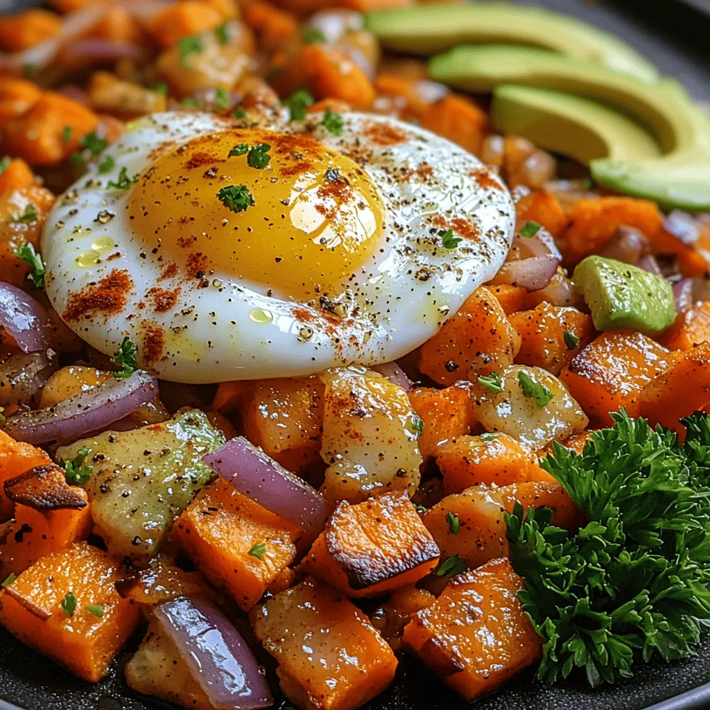 Are you on the lookout for a vibrant and nutritious breakfast option that can energize your mornings? Look no further than <strong>Sweet Potato Sunrise Hash with Eggs</strong>! This delightful dish masterfully combines the natural sweetness of sweet potatoes with the savory richness of perfectly cooked eggs, creating a breakfast experience that is both satisfying and wholesome. Whether you’re a fan of hearty breakfasts or simply need a quick meal prep solution for the week ahead, this recipe caters to various dietary preferences, making it an ideal choice for family breakfasts, brunch gatherings with friends, or even a comforting solo meal.” /></p>
</p>
<h3>Optional Ingredients</h3>
</p>
<p>While the Sweet Potato Sunrise Hash with Eggs is delicious on its own, there are optional ingredients that can elevate this dish to new heights. Two standout options are avocado and hot sauce.</p>
</p>
<p><strong>Avocado</strong> adds a creamy texture and rich flavor that complements the earthiness of sweet potatoes. It also infuses healthy fats into the dish, making it even more satisfying and nutritious. Simply slice or cube a ripe avocado and add it on top of your hash just before serving.</p>
</p>
<p><strong>Hot Sauce</strong> can bring a delightful kick to the dish, enhancing the flavors without overpowering them. The right hot sauce can introduce a savory heat that pairs well with the sweetness of the potatoes and the richness of the eggs. Drizzle a few drops over the hash according to your spice tolerance for an added dimension of flavor.</p>
</p>
<h3>Step-by-Step Preparation Guide</h3>
</p>
<p>Creating the perfect Sweet Potato Sunrise Hash with Eggs involves several key steps. Follow this comprehensive guide to ensure a delicious outcome.</p>
</p>
<h4>Peeling and Dicing Sweet Potatoes</h4>
</p>
<p>Start by selecting firm, medium-sized sweet potatoes for the best flavor and texture. Begin by peeling the sweet potatoes with a vegetable peeler. Ensure you remove all the skin, as it can be tough and bitter. Next, dice the sweet potatoes into uniform cubes, about 1-inch in size. This size promotes even cooking, allowing each piece to caramelize beautifully while becoming tender.</p>
</p>
<h4>Cooking the Vegetables: Techniques for Achieving the Perfect Texture</h4>
</p>
<p>Heat a large skillet over medium heat and add a tablespoon of olive oil. Once the oil is hot, add the diced sweet potatoes in a single layer. Avoid overcrowding the pan, as this can lead to steaming instead of browning. Cook the sweet potatoes for about 10-15 minutes, stirring occasionally, until they are golden brown and fork-tender.</p>
</p>
<p>Once the sweet potatoes are nearly cooked, add in your choice of vegetables. Bell peppers and onions work wonderfully here. For a deeper flavor, consider using a mix of red, green, and yellow bell peppers. Cook these vegetables for an additional 5-7 minutes until they become soft and caramelized, adding to the overall texture and flavor profile of the hash.</p>
</p>
<h4>Adding Aromatics: Timing and Methods for Maximizing Flavor</h4>
</p>
<p>Aromatics are essential for building flavor in your hash. Once the vegetables are cooked through, it’s time to add minced garlic and fresh herbs, such as thyme or cilantro. Garlic should be added last, as it cooks quickly and can burn if added too early. Sauté the garlic for about 1 minute until it becomes fragrant, then remove the skillet from heat. This step enhances the overall flavor without overpowering the other ingredients.</p>
</p>
<h4>Incorporating Spices: Tips for Balancing Flavors</h4>
</p>
<p>To elevate the dish further, season the hash with spices. A sprinkle of smoked paprika adds a lovely warmth and depth, while salt and pepper enhance the natural flavors of the ingredients. Start with 1 teaspoon of smoked paprika and adjust according to taste. Remember to taste your dish as you season; balance is key. If you enjoy a bit of heat, consider adding a pinch of cayenne pepper or red pepper flakes.</p>
</p>
<h4>Cooking the Eggs: Achieving the Perfect Doneness</h4>
</p>
<p>For the eggs, you have a few options depending on your preference. The most common methods are poaching, frying, or scrambling. If you prefer fried eggs, you can do this in the same skillet after transferring the hash to a serving dish. Simply crack the eggs into the skillet, adding a little more oil if needed, and cook until the whites are set but the yolks remain runny, about 4-5 minutes for sunny-side-up eggs.</p>
</p>
<p>If you prefer poached eggs, bring a separate pot of water to a gentle simmer, add a splash of vinegar, and create a vortex with a spoon before gently sliding the eggs into the water. Cook for 3-4 minutes until the whites are set. This method produces beautiful, tender eggs that will add a lovely touch to your hash.</p>
</p>
<h4>Presentation: How to Plate the Dish for Visual Appeal</h4>
</p>
<p>Presentation is key to making your Sweet Potato Sunrise Hash with Eggs visually appealing. Start by spooning the hash onto a large plate or shallow bowl. If you’ve prepared fried eggs, place one or two on top of the hash, allowing the yolks to cascade over the vegetables.</p>
</p>
<p>Finish the dish with slices of avocado, a sprinkle of fresh herbs, and a drizzle of hot sauce (if using). This not only enhances the flavor but also adds a pop of color, making the dish even more appetizing.</p>
</p>
<h3>Serving Suggestions</h3>
</p>
<p>The Sweet Potato Sunrise Hash with Eggs is a versatile dish that can be served in various ways. For a complete meal, pair it with fresh fruit, such as sliced oranges or berries, which add a refreshing contrast to the savory flavors.</p>
</p>
<p>Consider serving it alongside a dollop of Greek yogurt or cottage cheese for an extra protein boost. Whole-grain toast or an English muffin can complement the hash beautifully, providing a satisfying crunch and additional fiber.</p>
</p>
<p>Don’t hesitate to customize the hash with your favorite toppings. Crumbled feta or goat cheese can add creaminess, while chopped green onions or cilantro provide a bright, fresh flavor. You can even add beans or lentils to the hash for extra substance and protein.</p>
</p>
<h3>Meal Prep and Storage Tips</h3>
</p>
<p>Preparing the Sweet Potato Sunrise Hash in advance can save time during busy mornings. You can chop the sweet potatoes and vegetables the night before and store them in an airtight container in the refrigerator. This will reduce cooking time significantly in the morning.</p>
</p>
<p>If you want to make a larger batch, the hash can be stored in the refrigerator for up to 4 days. To store leftovers, allow the hash to cool completely before transferring it to an airtight container. Reheat it gently in a skillet over medium heat, adding a splash of water or oil to prevent sticking.</p>
</p>
<p>For the eggs, it’s best to cook them fresh for optimal texture. However, if you have leftover cooked eggs, they can be stored in the refrigerator and reheated separately. Just be aware that reheating cooked eggs may result in a firmer texture.</p>
</p>
<h3>Conclusion</h3>
</p>
<p>The Sweet Potato Sunrise Hash with Eggs is not only a delightful and visually appealing dish, but it also boasts numerous health benefits. Sweet potatoes are rich in vitamins A and C, fiber, and antioxidants, making them a nutritious choice for breakfast. The addition of colorful vegetables and eggs ensures a satisfying balance of protein, healthy fats, and carbohydrates.</p>
</p>
<p>This versatile recipe allows for endless variations, so you can tailor it to your taste preferences or dietary needs. Whether you prefer it spicy with hot sauce, creamy with avocado, or loaded with your favorite toppings, this hash is sure to become a morning favorite.</p>
</p>
<p>Encourage your family and friends to embrace this nutritious start to their day. With its blend of flavors and textures, the Sweet Potato Sunrise Hash with Eggs is a dish that will inspire creativity and enjoyment in the kitchen. Give it a try, and explore the delightful options this recipe has to offer!</p>
</div>