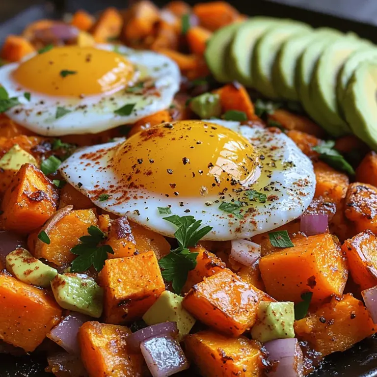 Are you on the lookout for a vibrant and nutritious breakfast option that can energize your mornings? Look no further than Sweet Potato Sunrise Hash with Eggs! This delightful dish masterfully combines the natural sweetness of sweet potatoes with the savory richness of perfectly cooked eggs, creating a breakfast experience that is both satisfying and wholesome. Whether you're a fan of hearty breakfasts or simply need a quick meal prep solution for the week ahead, this recipe caters to various dietary preferences, making it an ideal choice for family breakfasts, brunch gatherings with friends, or even a comforting solo meal.