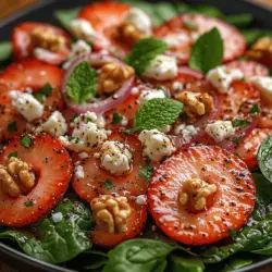 As the days grow longer and warmer, nothing quite captures the essence of spring and summer like a vibrant salad bursting with fresh flavors and colors. The Fresh Spinach Strawberry Feta Delight is a perfect encapsulation of this seasonal joy. This delightful salad features a beautiful medley of crisp baby spinach, juicy strawberries, creamy feta cheese, and crunchy walnuts, all drizzled with a tangy balsamic vinaigrette. Not only does it tantalize the taste buds with its combination of sweet, salty, and savory notes, but it also serves as a feast for the eyes with its vivid colors, making it an outstanding addition to any meal.