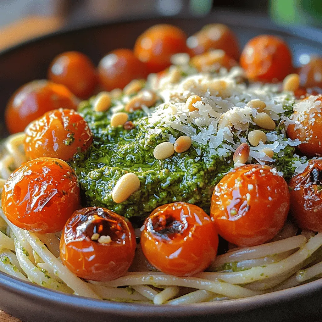 Pesto Pasta with Roasted Tomatoes is a vibrant and flavorful dish that effortlessly combines the freshness of garden ingredients with the comforting appeal of pasta. This delightful recipe captures the essence of Mediterranean cuisine, making it a staple in many households. With its bright green pesto sauce, sweet roasted cherry tomatoes, and al dente pasta, this dish delivers a satisfying and colorful meal that is perfect for any occasion, whether it's a busy weeknight dinner or a casual gathering with friends and family.