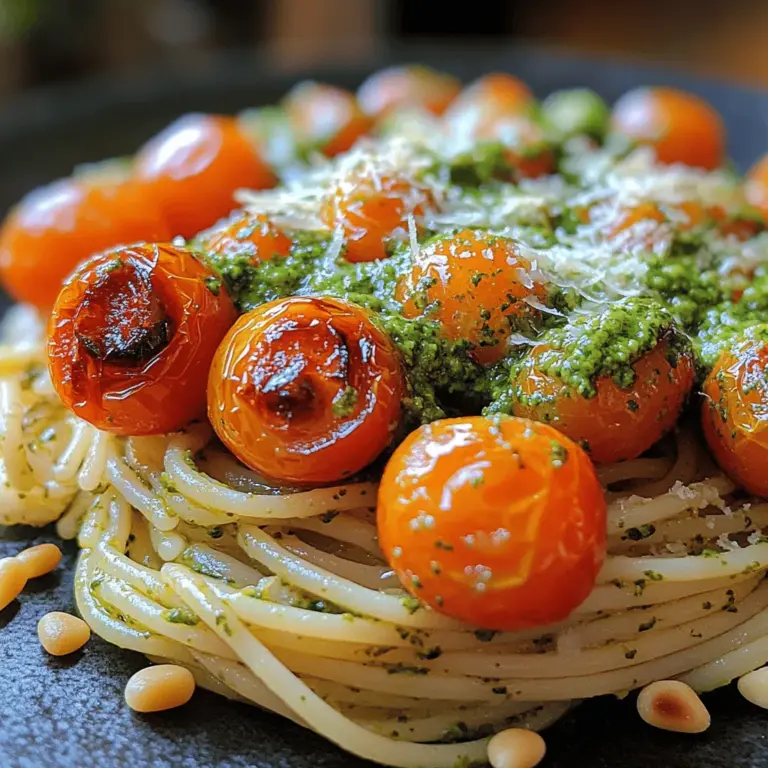 Pesto Pasta with Roasted Tomatoes is a vibrant and flavorful dish that effortlessly combines the freshness of garden ingredients with the comforting appeal of pasta. This delightful recipe captures the essence of Mediterranean cuisine, making it a staple in many households. With its bright green pesto sauce, sweet roasted cherry tomatoes, and al dente pasta, this dish delivers a satisfying and colorful meal that is perfect for any occasion, whether it's a busy weeknight dinner or a casual gathering with friends and family.
