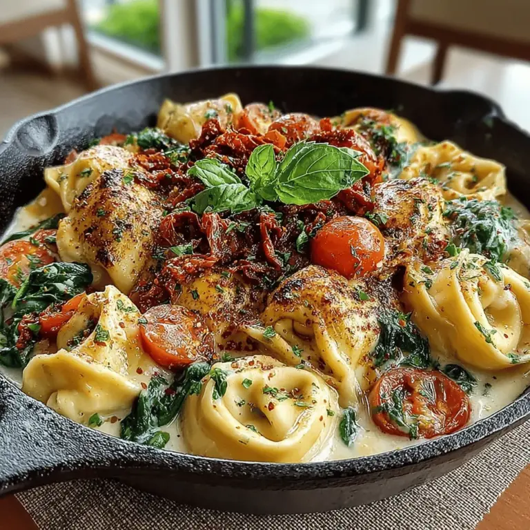 The Tuscan Tortellini Skillet with Sun-Dried Tomatoes is a delightful dish that encapsulates the essence of Italian cuisine in a quick and easy format. This recipe is perfect for busy weeknights or a cozy weekend dinner, offering a creamy, savory experience that will leave you craving more. With its vibrant ingredients and straightforward preparation, this skillet meal is not only delicious but also visually appealing. The combination of tortellini, sun-dried tomatoes, fresh spinach, and a luscious creamy sauce creates a mouthwatering symphony of flavors that can satisfy any palate.