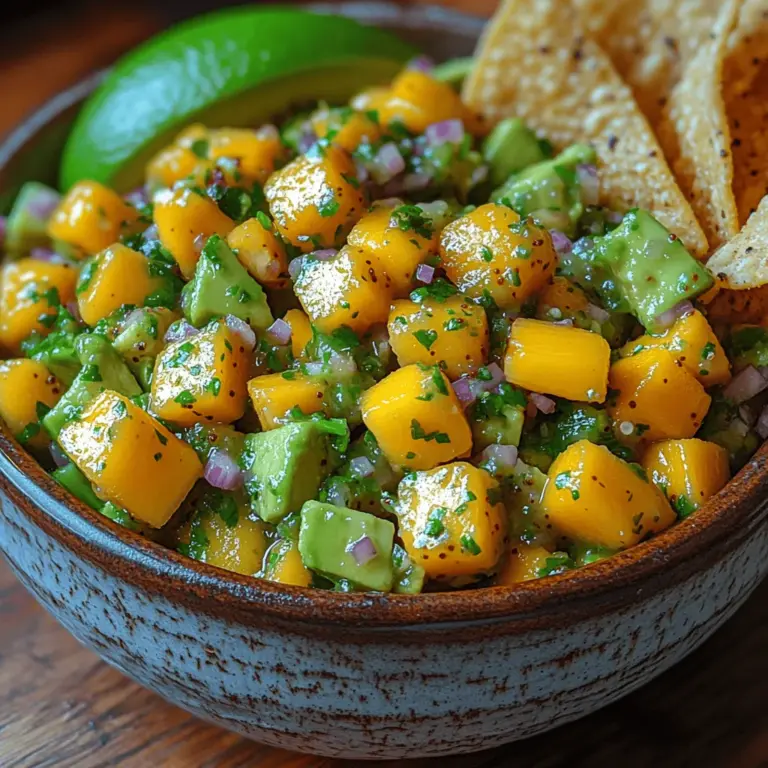 Zesty Mango Avocado Salsa is a vibrant and flavorful dish that brings together the freshness of ripe mangoes and the creamy texture of avocados, creating a delightful culinary experience. This salsa is not only a feast for the eyes with its colorful ingredients but also a treat for the palate, offering a perfect balance of sweetness, creaminess, and zest. Whether served as a dip with tortilla chips, a topping for grilled fish, or a vibrant addition to tacos, this salsa is sure to impress your family and friends.