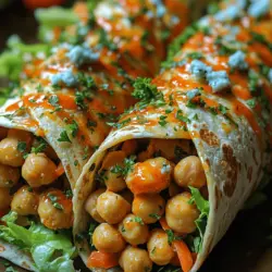 To begin creating your Crunchy Buffalo Chickpea Wraps, the first step is to prepare the chickpeas. Start by preheating your oven to 400°F (200°C). This temperature is ideal for roasting, ensuring that the chickpeas become perfectly crispy. While the oven is heating, rinse and drain one can (15 oz) of chickpeas thoroughly. Pat them dry with a clean kitchen towel or paper towels; this step is crucial because excess moisture can prevent them from getting crispy during the roasting process.
