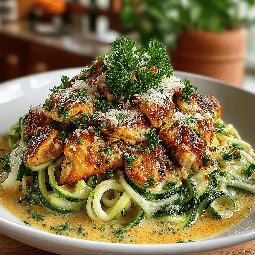 In the quest for a delicious yet healthy meal, <strong>Creamy Lemon Garlic Chicken with Zucchini Noodles</strong> stands out as a perfect option. This dish not only tantalizes the taste buds with its rich flavors but also offers a lighter alternative to traditional pasta recipes. Combining succulent chicken breasts with a creamy lemon garlic sauce and vibrant zucchini noodles, this recipe is a celebration of fresh ingredients and simple cooking techniques. Whether you’re looking to impress at a family dinner or prepare a quick weeknight meal, this dish is sure to satisfy.” /></p>
</p>
<h2>Preparing Zucchini Noodles</h2>
</p>
<h3>Spiralizing Zucchini</h3>
</p>
<p>Zucchini noodles, often referred to as “zoodles,” are an excellent low-carb alternative to traditional pasta. This vegetable is not only versatile but also packed with nutritional benefits. Zucchini is rich in vitamins A and C, antioxidants, and dietary fiber, making it a great addition to your meal for enhancing overall health. With just about 20 calories per medium-sized zucchini, it is a guilt-free ingredient that fills you up without weighing you down.</p>
</p>
<p>To spiralize zucchini, you can use a spiralizer gadget, which can produce long, noodle-like strands. If you don’t have a spiralizer, a simple vegetable peeler can create thin ribbons that also work well. Aim for long, continuous strands for a more authentic noodle experience. Once you’ve spiralized your zucchini, set it aside while you prepare the rest of the dish.</p>
</p>
<h3>Cooking Zucchini Noodles</h3>
</p>
<p>Cooking zucchini noodles requires a careful approach to ensure they maintain their texture and don’t turn into a mushy mess. The secret to perfect zoodles is to keep the cooking time short. You want to sauté them for about 2-3 minutes over medium heat. This brief cooking time helps retain their slight crunch and ensures they don’t release too much water, which can lead to a soggy dish.</p>
</p>
<p>To cook the zucchini noodles, add them to the skillet after cooking the chicken. Toss them gently with the residual heat from the pan and any leftover sauce from the chicken. This allows them to absorb some flavors without overcooking. If you prefer your noodles a little softer, you can cook them for an additional minute, but be cautious not to exceed that to maintain their integrity.</p>
</p>
<h2>Combining All Elements</h2>
</p>
<h3>Integrating Chicken and Zucchini Noodles into the Sauce</h3>
</p>
<p>Once your chicken is cooked and your zucchini noodles are perfectly sautéed, it’s time to bring everything together. Start by adding the cooked chicken back into the skillet with the garlic lemon sauce. Ensure that the chicken is coated evenly with the creamy sauce, which is essential for flavor distribution.</p>
</p>
<p>When you add the zucchini noodles, toss everything together gently, allowing the noodles to soak up the delightful lemon-garlic flavors. Use tongs or a large fork to lift and turn the noodles, ensuring even mixing without breaking them apart. The creamy sauce should envelop the chicken and zoodles, creating a harmonious blend of textures and tastes.</p>
</p>
<p>Presentation is key when it comes to serving this dish. For an attractive display, use a large serving plate or individual bowls. Create a nest of zucchini noodles in the center, artfully arranging the chicken pieces on top. Drizzle the remaining sauce over the chicken and noodles, and sprinkle some fresh herbs for a pop of color and freshness.</p>
</p>
<h2>Serving Suggestions</h2>
</p>
<h3>Garnishing the Dish</h3>
</p>
<p>Garnishing your Creamy Lemon Garlic Chicken with Zucchini Noodles can elevate the entire dining experience. Fresh parsley is an excellent choice for a garnish, as it adds vibrant color and a hint of freshness that complements the dish’s rich flavors. Chop some fresh parsley finely and sprinkle it over the top just before serving. This not only enhances the visual appeal but also adds a delightful herby aroma to each bite.</p>
</p>
<h3>Pairing Options</h3>
</p>
<p>To complete your meal, consider pairing this dish with side options that balance and enhance its flavors. A fresh side salad with mixed greens, cherry tomatoes, and a light vinaigrette can provide a refreshing contrast to the creamy chicken. Alternatively, you could serve some crusty whole-grain bread to mop up any remaining sauce, making the meal even more satisfying.</p>
</p>
<p>For beverage pairings, a crisp white wine, such as Sauvignon Blanc or Pinot Grigio, complements the lemony flavors beautifully. If you prefer non-alcoholic options, a sparkling water with a slice of lemon can be a refreshing choice that keeps the meal light.</p>
</p>
<h2>Nutritional Benefits</h2>
</p>
<h3>Health Aspects of the Ingredients</h3>
</p>
<p>This Creamy Lemon Garlic Chicken with Zucchini Noodles not only tantalizes the taste buds but also offers numerous health benefits. The lean protein from the chicken helps in muscle repair and growth, making it an ideal choice for health-conscious individuals. Meanwhile, zucchini is a fantastic source of antioxidants that can help combat oxidative stress and inflammation.</p>
</p>
<p>The use of olive oil in the sauce provides healthy fats that are essential for nutrient absorption and support heart health. Additionally, garlic is known for its immune-boosting properties and can contribute to overall well-being. This dish is a well-rounded meal that nourishes the body while tantalizing the palate.</p>
</p>
<h3>Caloric Breakdown</h3>
</p>
<p>For those mindful of their caloric intake, this recipe is a winner. A serving of Creamy Lemon Garlic Chicken with Zucchini Noodles contains approximately 350-400 calories, depending on the portion sizes and specific ingredients used. It typically consists of about 30 grams of protein, 15 grams of healthy fats, and 10 grams of carbohydrates, primarily from the zucchini.</p>
</p>
<p>This balance of macronutrients makes it a fulfilling meal that keeps you satisfied without going overboard on calories. It’s perfect for anyone looking to maintain a healthy lifestyle while enjoying delicious food.</p>
</p>
<h2>Conclusion</h2>
</p>
<p>Creamy Lemon Garlic Chicken with Zucchini Noodles is not just a meal; it is a culinary experience that brings together vibrant flavors and wholesome ingredients. This dish exemplifies how simple recipes can deliver extraordinary taste without compromising health. With its ease of preparation and adaptability, it is perfect for anyone looking to elevate their home cooking while enjoying a dish that is both satisfying and nourishing.</p>
</p>
<p>Embrace this recipe as a staple in your kitchen, and enjoy the delightful balance of flavors it offers. Whether you’re preparing a weeknight dinner or entertaining guests, this dish promises to impress and satisfy. So gather your ingredients, follow the steps, and indulge in a deliciously creamy and garlicky experience that will leave you craving more.</p>
</div>