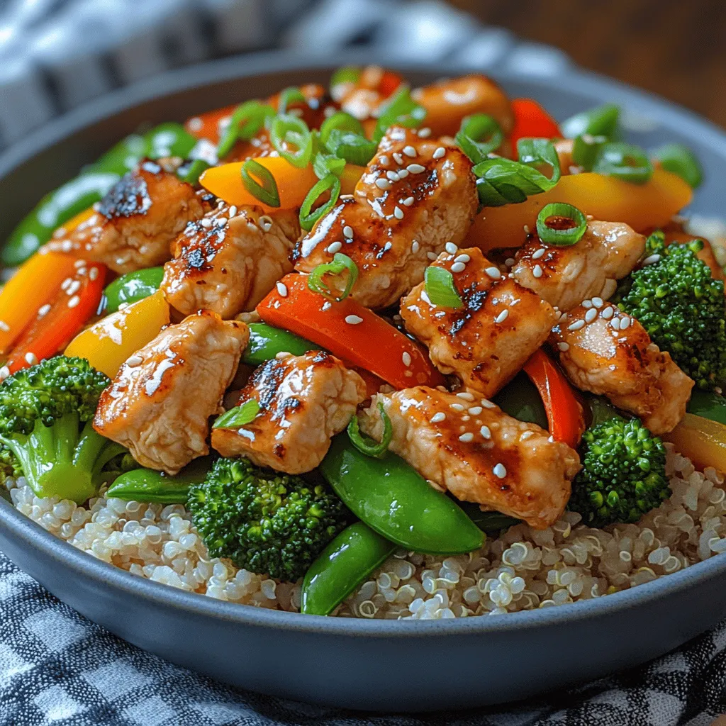 <strong>Introduction</strong>” /></p>
</p>
<h2>Making the Stir-Fry Sauce</h2>
</p>
<p>The stir-fry sauce is the heart of this dish, adding flavor and richness to both the chicken and the vegetables. The perfect stir-fry sauce strikes a balance between salty, sweet, and tangy elements. Traditionally, soy sauce serves as the primary ingredient, bringing umami depth and saltiness. To enhance the flavor profile, a splash of rice vinegar adds brightness and acidity, while a touch of honey or brown sugar introduces a subtle sweetness.</p>
</p>
<h3>Flavor Profiles and Balance</h3>
</p>
<p>When crafting your stir-fry sauce, consider including fresh ginger and garlic. These aromatics infuse the dish with warmth and spice, complementing the savory notes of the soy sauce. Additionally, incorporating sesame oil adds a nutty richness that ties the flavors together beautifully. For those who enjoy a bit of heat, a dash of sriracha or red pepper flakes can elevate the dish, providing a satisfying kick without overpowering the other flavors.</p>
</p>
<h3>Sauce Complements</h3>
</p>
<p>This sauce not only enhances the chicken’s flavor but also elevates the fresh vegetables. The sticky, savory-sweet coating ensures that each vegetable retains its distinct taste while harmonizing with the overall dish. As you stir-fry, the sauce binds the ingredients, creating a delightful medley of flavors that resonates with every bite.</p>
</p>
<h2>Sautéing the Chicken</h2>
</p>
<p>Achieving perfectly sautéed chicken is vital for this stir-fry. Begin with high-quality chicken breast, sliced into thin strips for quick cooking. Heat a tablespoon of oil in your wok or large skillet over medium-high heat. Once the oil is shimmering, add the chicken in a single layer. Avoid overcrowding the pan, as this can lead to steaming rather than searing.</p>
</p>
<h3>Technique for Golden-Brown Chicken</h3>
</p>
<p>Cook the chicken undisturbed for a few minutes until it develops a golden-brown crust. This caramelization process not only enhances the flavor but also adds texture to the finished dish. After the first side is seared, stir the chicken occasionally until it is cooked through, about 5-7 minutes total. The internal temperature should reach 165°F (75°C) to ensure it’s safe to eat.</p>
</p>
<h3>Retaining Moisture</h3>
</p>
<p>To keep the chicken juicy while ensuring it’s thoroughly cooked, consider marinating it in a bit of the stir-fry sauce for 30 minutes before cooking. This not only infuses flavor but also helps to tenderize the meat. Additionally, avoid overcooking the chicken, as this can lead to dryness. Once cooked, remove the chicken from the pan and set it aside, allowing it to rest while you prepare the vegetables.</p>
</p>
<h2>Stir-Frying the Vegetables</h2>
</p>
<p>The vegetables in this Colorful Chicken Veggie Stir-Fry are not just for aesthetics; they contribute essential nutrients and crunch to the meal. When stir-frying, timing is everything. Different vegetables have varying cooking times, so it’s important to add them in the right order to maintain their texture and color.</p>
</p>
<h3>Cooking Time for Optimal Crunch</h3>
</p>
<p>Start with the heartier vegetables like bell peppers, broccoli, and carrots, which take longer to cook. Sauté these for about 2-3 minutes before adding quicker-cooking vegetables like snap peas and zucchini. Stir-fry the mixture for an additional 2-3 minutes, ensuring that all vegetables retain their vibrant colors and crunch.</p>
</p>
<h3>Maintaining Color and Nutrients</h3>
</p>
<p>To preserve the nutrients and bright colors of the vegetables, stir-fry them quickly over high heat. This cooking method minimizes exposure to heat and allows them to cook evenly. You can also splash a small amount of water into the pan during cooking; this creates steam, which helps cook the vegetables without losing their vibrant hues.</p>
</p>
<h2>Combining Chicken and Sauce</h2>
</p>
<p>Once your vegetables are perfectly stir-fried, it’s time to bring everything together. Add the sautéed chicken back into the pan, and pour the stir-fry sauce over the mixture. Use a spatula to toss everything together, ensuring the chicken and vegetables are thoroughly coated with the sauce.</p>
</p>
<h3>Even Flavor Distribution</h3>
</p>
<p>Mixing well is crucial for achieving an even flavor distribution. Cook the combined dish for an additional minute to allow the sauce to heat through and meld with the ingredients. You’ll know your stir-fry is ready to serve when everything is hot, and the sauce has thickened slightly, creating a glossy sheen over the dish.</p>
</p>
<h2>Serving Suggestions</h2>
</p>
<p>Presentation plays a key role in making your Colorful Chicken Veggie Stir-Fry an appealing meal. Serve it in a large bowl or individual plates, garnished with sliced green onions or sesame seeds for an added touch of elegance.</p>
</p>
<h3>Enhancing with Grains</h3>
</p>
<p>For a complete meal, consider serving your stir-fry over a bed of brown rice or quinoa. These whole grains not only provide a wholesome base but also complement the textures and flavors of the stir-fry. The nutty taste of quinoa adds another layer of interest, while brown rice provides fiber and nutrients.</p>
</p>
<h3>Pairing Options</h3>
</p>
<p>To elevate your dining experience, think about pairing your stir-fry with a light salad or steamed dumplings. For beverages, a crisp white wine or a refreshing iced tea complements the dish beautifully, balancing the savory flavors of the stir-fry.</p>
</p>
<h2>Nutritional Information</h2>
</p>
<p>Understanding the health benefits of your dish is essential, especially when it’s as nutritious as this Colorful Chicken Veggie Stir-Fry. A typical serving provides around 350 calories, making it a fantastic option for a balanced meal.</p>
</p>
<h3>Breakdown of Nutrients</h3>
</p>
<p>– <strong>Calories</strong>: Approximately 350 per serving</p>
<p>– <strong>Protein</strong>: 30g, thanks to the chicken, which supports muscle health and aids in recovery.</p>
<p>– <strong>Fats</strong>: 10g, primarily from the cooking oil and sesame oil, contributing to heart health.</p>
<p>– <strong>Carbohydrates</strong>: 40g, providing energy, especially important if you’re active.</p>
</p>
<h3>Health Benefits</h3>
</p>
<p>This stir-fry is rich in vitamins and minerals from the colorful array of vegetables, promoting overall health. The high protein content is beneficial for muscle maintenance and can aid in weight management. Additionally, the fiber from the vegetables and whole grains contributes to digestive health, making this dish a great choice for a balanced diet.</p>
</p>
<h2>Conclusion</h2>
</p>
<p>The Colorful Chicken Veggie Stir-Fry is more than just a meal; it’s a vibrant, nutritious dish that can easily fit into your weekly meal planning. With its quick preparation and ease of customization, you can incorporate seasonal vegetables or even switch up the protein based on what you have on hand.</p>
</p>
<p>Not only does this recipe deliver on flavor and health benefits, but it also showcases the beauty of fresh ingredients, making it a perfect choice for family-friendly nutrition. Embrace the versatility of stir-fry and enjoy experimenting with different combinations to create your own signature dish. Whether you’re cooking for yourself or entertaining guests, this stir-fry is sure to impress and satisfy.</p>
</div>