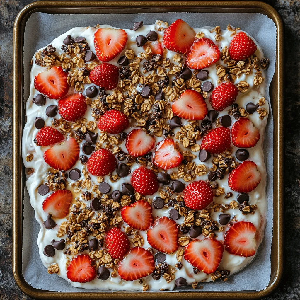 In recent years, yogurt bark has emerged as a beloved go-to healthy snack, captivating those seeking a nutritious yet delightful treat. This simple yet satisfying option offers the perfect blend of creamy texture and fruity flavor, making it an ideal choice for anyone from busy professionals to families looking for guilt-free indulgence. Among the myriad variations, <strong>Berry Bliss Yogurt Bark</strong> stands out with its vibrant medley of flavors and refreshing qualities, making it a delightful addition to your snack repertoire.” /></p>
</p>
<h2>Spreading the Yogurt</h2>
</p>
<p>To start crafting your Berry Bliss Yogurt Bark, the first step is to spread the yogurt evenly on your lined baking sheet. Achieving a smooth, even layer is crucial for ensuring a delightful texture and a visually appealing final product.</p>
</p>
<h3>Techniques for Spreading Evenly and Achieving the Desired Thickness</h3>
</p>
<p>1. <strong>Choose the Right Yogurt</strong>: For the best results, use a thick yogurt such as Greek yogurt or a plant-based alternative. The thickness helps the bark hold its shape once frozen.</p>
</p>
<p>2. <strong>Use a Spatula</strong>: A rubber spatula is perfect for spreading yogurt. Take a generous scoop of yogurt and place it in the center of your prepared baking sheet.</p>
</p>
<p>3. <strong>Spread in One Direction</strong>: Start from the center and spread outward in one direction, then return to the center and repeat in the opposite direction. This method helps achieve an even thickness. Aim for about 1/4 inch thick.</p>
</p>
<p>4. <strong>Smooth the Edges</strong>: For a polished look, use the spatula to smooth the edges of the yogurt. This will not only make it look appealing but also ensure uniformity throughout the bark.</p>
</p>
<p>5. <strong>Create a Border</strong>: If you prefer, create a slight border around the edges by leaving a small gap between the yogurt and the edge of the baking sheet. This can help prevent any overflow during freezing.</p>
</p>
<h2>Adding Strawberries</h2>
</p>
<p>Now that your yogurt is spread, it’s time to add the star of the show: strawberries. Fresh, juicy strawberries complement the creamy yogurt perfectly, providing a burst of flavor and vibrant color.</p>
</p>
<h3>Tips for Arranging the Fruit to Ensure Even Distribution Throughout the Bark</h3>
</p>
<p>1. <strong>Slice Evenly</strong>: Cut your strawberries into even slices. This allows for consistent distribution across the yogurt, ensuring that every bite has fruit.</p>
</p>
<p>2. <strong>Lay Them Out Strategically</strong>: Start by placing the strawberry slices in a grid pattern across the yogurt. This allows you to visualize where you want the fruit to be and ensures that each piece of the bark will have an equal amount of fruit.</p>
</p>
<p>3. <strong>Press Lightly</strong>: Once arranged, gently press the strawberry slices into the yogurt. This helps the fruit adhere to the yogurt and prevents them from falling off once frozen.</p>
</p>
<p>4. <strong>Consider Color Variety</strong>: If you’re feeling adventurous, include a mix of berries such as blueberries and raspberries for a more colorful bark. This adds visual interest and a variety of flavors.</p>
</p>
<h2>Incorporating Optional Toppings</h2>
</p>
<p>To elevate your Berry Bliss Yogurt Bark, consider adding some optional toppings. These not only enhance the flavor but also add texture and nutritional benefits.</p>
</p>
<h3>How Granola and Chocolate Chips Can Enhance the Overall Snack Experience</h3>
</p>
<p>1. <strong>Granola</strong>: Sprinkle a handful of granola over the yogurt and strawberries before freezing. This crunchy addition provides a delightful contrast to the creamy yogurt, and the oats offer fiber, making your snack more filling.</p>
</p>
<p>2. <strong>Chocolate Chips</strong>: A few mini chocolate chips can take your yogurt bark to the next level. The sweetness of chocolate pairs beautifully with the tartness of the strawberries, and it satisfies your sweet tooth without overpowering the healthy elements of the bark.</p>
</p>
<p>3. <strong>Nuts and Seeds</strong>: Additionally, consider adding chopped nuts or seeds for a protein boost. Almonds, walnuts, or chia seeds can add a nutritional punch while providing healthy fats.</p>
</p>
<h2>Freezing and Serving</h2>
</p>
<p>After layering your toppings, it’s time to freeze your creation. Proper freezing is essential to achieve the right texture for your yogurt bark.</p>
</p>
<h3>Importance of Freezing Time for Achieving the Right Texture</h3>
</p>
<p>To ensure your Berry Bliss Yogurt Bark freezes properly, allow it to sit in the freezer for at least 4 hours. For optimal results, you can leave it overnight. The longer freezing time helps the yogurt firm up, making the bark easy to break apart.</p>
</p>
<h3>Tips on How to Check If It’s Fully Frozen</h3>
</p>
<p>1. <strong>Test the Center</strong>: After the recommended freezing time, gently press down on the center of the yogurt bark with your finger. If it feels solid and not sticky, it’s ready to be removed from the freezer.</p>
</p>
<p>2. <strong>Visual Inspection</strong>: The yogurt should appear firm and no longer shiny. If it still looks wet or soft, give it additional time in the freezer.</p>
</p>
<h2>Breaking and Serving</h2>
</p>
<p>Once fully frozen, it’s time for the fun part—breaking and serving your Berry Bliss Yogurt Bark.</p>
</p>
<h3>Best Methods for Breaking the Bark into Pieces</h3>
</p>
<p>1. <strong>Score the Surface</strong>: Before breaking, use a knife to score the surface of the bark into desired portion sizes. This makes it easier to break into neat pieces.</p>
</p>
<p>2. <strong>Use Your Hands</strong>: To break the bark, simply snap it apart with your hands along the scored lines. The yogurt bark should break cleanly if frozen correctly.</p>
</p>
<h3>Presentation Ideas for Serving</h3>
</p>
<p>1. <strong>Serving Platter</strong>: Arrange the bark pieces on a colorful serving platter. This not only makes for an inviting presentation but also encourages sharing.</p>
</p>
<p>2. <strong>Garnish</strong>: Consider garnishing with a sprinkle of extra granola or a drizzle of honey for an added touch of elegance.</p>
</p>
<p>3. <strong>Individual Portions</strong>: For a grab-and-go option, wrap individual pieces in parchment paper or place them in snack-sized containers.</p>
</p>
<h2>Nutritional Information</h2>
</p>
<p>Berry Bliss Yogurt Bark is not only delicious but also a nutritious snack choice. Here’s a breakdown of what you can expect per serving (assuming a serving is one piece of bark):</p>
</p>
<p>– <strong>Calories</strong>: Approximately 100 calories</p>
<p>– <strong>Protein</strong>: 6 grams</p>
<p>– <strong>Fats</strong>: 3 grams</p>
<p>– <strong>Sugars</strong>: 8 grams</p>
</p>
<h3>Benefits of This Snack Compared to Other Dessert Options</h3>
</p>
<p>This yogurt bark is a great alternative to traditional desserts, which are often high in refined sugars and unhealthy fats. The use of natural yogurt provides probiotics, aiding in digestion, while the fresh fruits offer vitamins and antioxidants. Overall, Berry Bliss Yogurt Bark is a guilt-free way to satisfy your sweet cravings, making it a perfect choice for health-conscious individuals.</p>
</p>
<h2>Storage Tips</h2>
</p>
<p>To ensure your Berry Bliss Yogurt Bark remains fresh and delicious, proper storage is key.</p>
</p>
<h3>Best Practices for Storing Berry Bliss Yogurt Bark to Maintain Freshness</h3>
</p>
<p>1. <strong>Airtight Container</strong>: Store your bark in an airtight container to prevent freezer burn and maintain its texture.</p>
</p>
<p>2. <strong>Layering</strong>: If you have multiple layers of bark, separate them with parchment paper to avoid sticking.</p>
</p>
<h3>How Long It Can Be Stored in the Freezer Without Losing Quality</h3>
</p>
<p>When stored correctly, Berry Bliss Yogurt Bark can last in the freezer for up to 3 months. However, for the best flavor and texture, it’s ideal to consume it within the first month.</p>
</p>
<h2>Conclusion</h2>
</p>
<p>Making Berry Bliss Yogurt Bark is an enjoyable and straightforward way to create a healthy snack that’s both nutritious and satisfying. The combination of creamy yogurt, fresh strawberries, and optional toppings results in a delightful treat that can be customized to suit your taste preferences.</p>
</p>
<p>Not only does this recipe allow for experimentation with different fruits and toppings, but it also encourages creativity in the kitchen. Whether you’re preparing a snack for yourself or a party for friends, Berry Bliss Yogurt Bark is sure to impress. So grab your ingredients, get creative, and enjoy the process of making a delicious homemade snack that you can feel good about!</p>
</div>