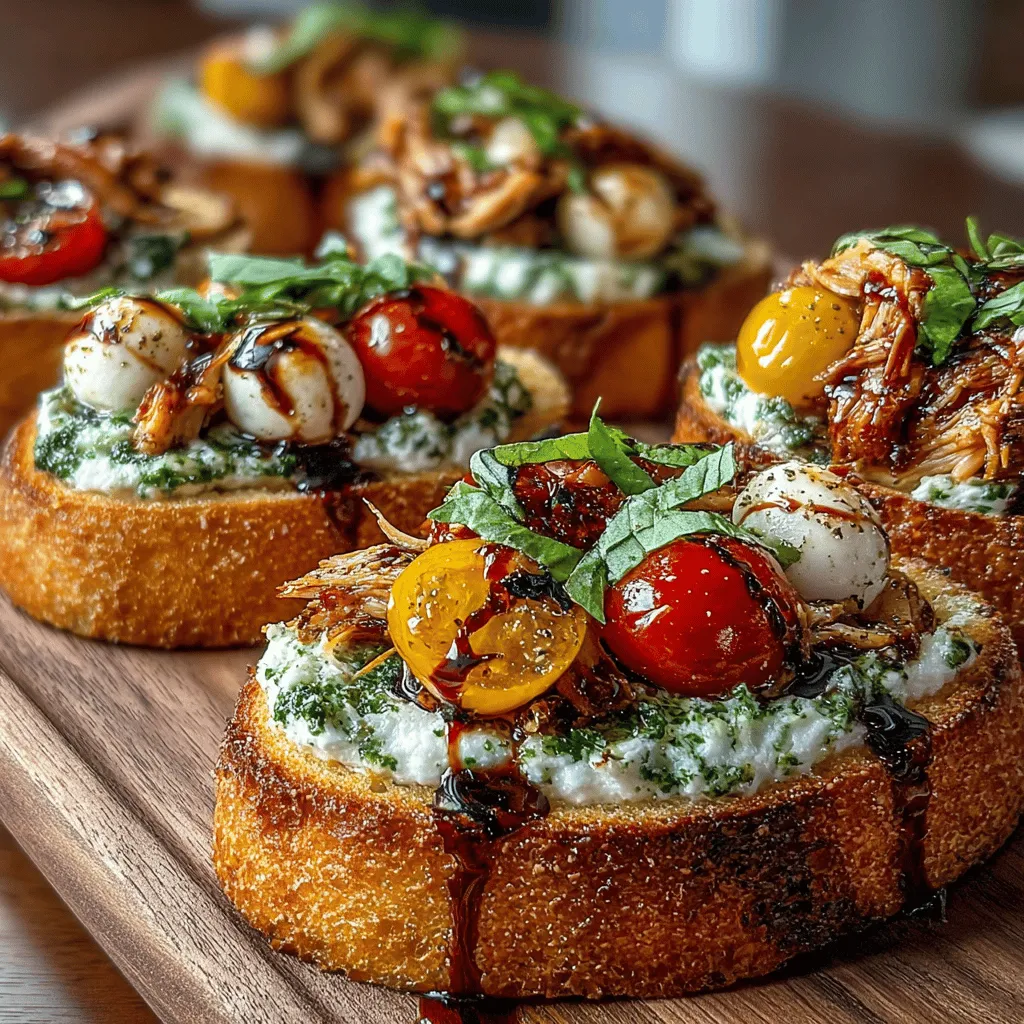 Mini Pesto Chicken Toasts are a delightful culinary creation that perfectly marries an array of flavors and textures, making them a go-to appetizer or snack for any gathering. The base of these toasts features a crispy baguette, providing an ideal contrast to the tender shredded chicken that is combined with vibrant basil pesto and creamy cheese. Topped with juicy cherry tomatoes and fresh mozzarella, these toasts not only tantalize the taste buds but also present an inviting visual appeal that is sure to impress guests.
