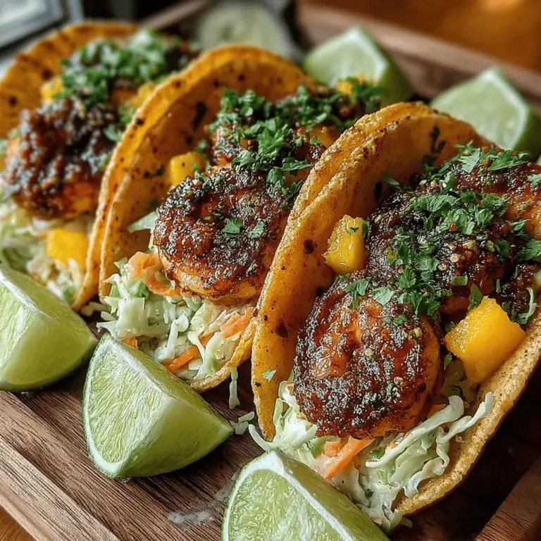 Shrimp tacos are a vibrant and flavorful dish that has won the hearts of food lovers around the world. Combining succulent shrimp with a medley of spices and fresh ingredients, this recipe brings the perfect balance of flavors to your table. What sets our Spicy Shrimp Tacos with Mango Slaw apart is the delightful interplay between heat and sweetness, making them an ideal choice for any occasion—be it a casual weeknight dinner, a weekend gathering, or a festive celebration. The addition of mango slaw not only provides a refreshing crunch but also complements the spicy shrimp, creating a harmonious dish that’s sure to impress.