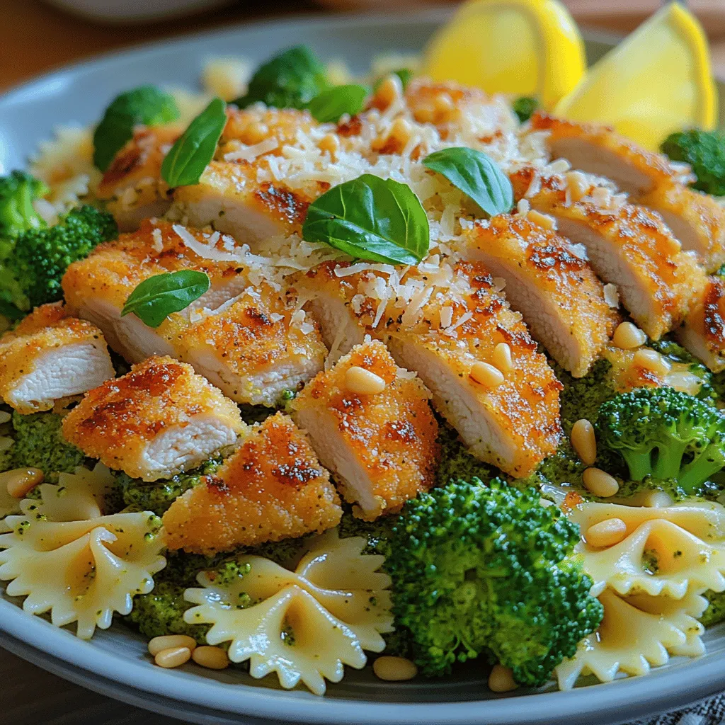 - 2 boneless, skinless chicken breasts - 1 cup panko breadcrumbs - 1 teaspoon garlic powder - 1 teaspoon onion powder - 1 teaspoon Italian seasoning - Salt and pepper, to taste - 8 ounces of pasta (farfalle or penne) - 2 cups broccoli florets - 1 cup homemade or store-bought basil pesto - 2 tablespoons olive oil - Grated Parmesan cheese (for serving)