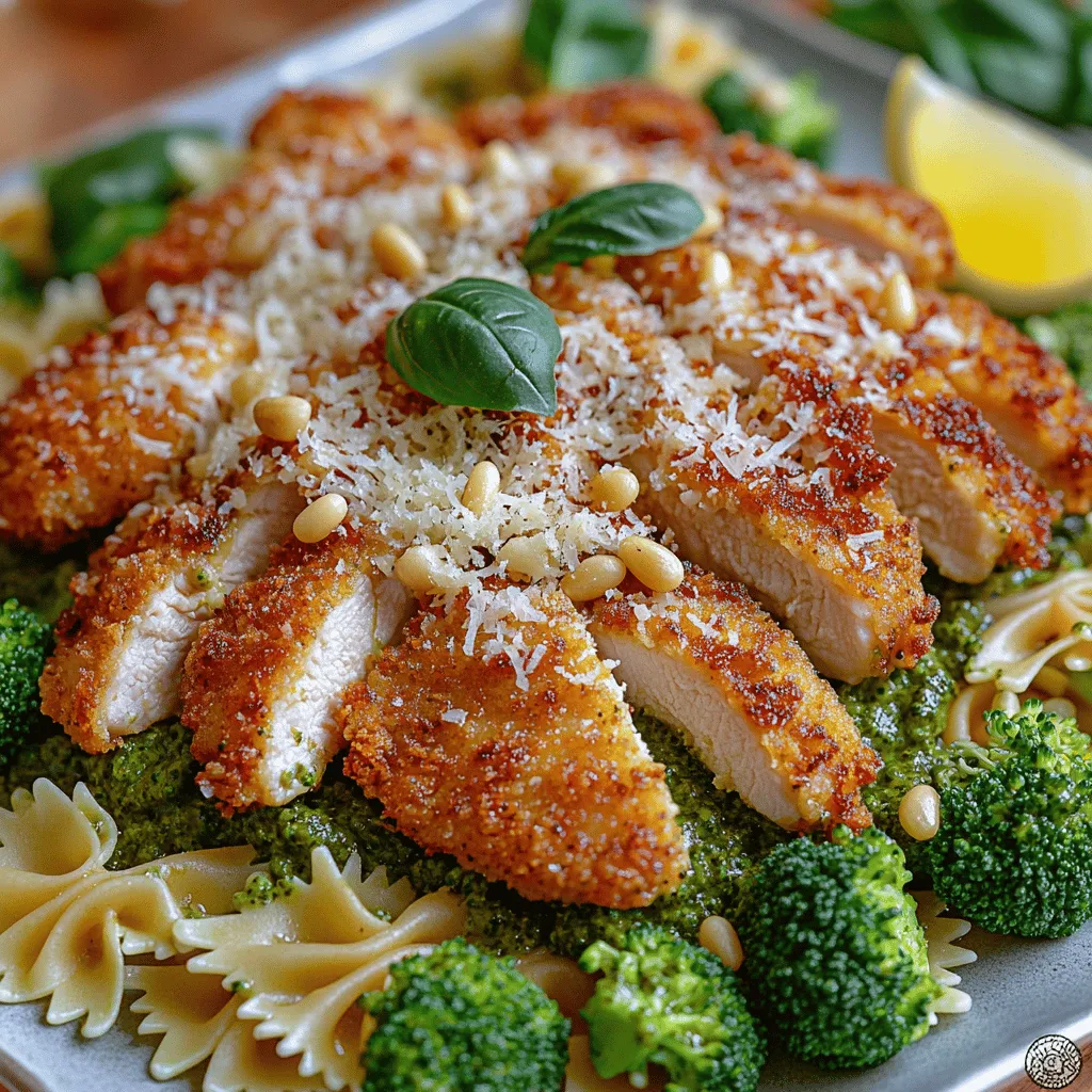 - 2 boneless, skinless chicken breasts - 1 cup panko breadcrumbs - 1 teaspoon garlic powder - 1 teaspoon onion powder - 1 teaspoon Italian seasoning - Salt and pepper, to taste - 8 ounces of pasta (farfalle or penne) - 2 cups broccoli florets - 1 cup homemade or store-bought basil pesto - 2 tablespoons olive oil - Grated Parmesan cheese (for serving)
