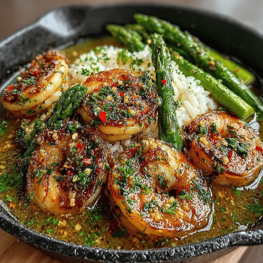 - 1 pound large shrimp, peeled and deveined - 1 bunch asparagus, trimmed and cut into 2-inch pieces - 4 tablespoons unsalted butter - 4 cloves garlic, minced - Juice of 1 lemon - 1/2 cup chicken broth or white wine - Salt and pepper to taste - Fresh parsley, chopped (for garnish)