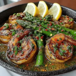 - 1 pound large shrimp, peeled and deveined - 1 bunch asparagus, trimmed and cut into 2-inch pieces - 4 tablespoons unsalted butter - 4 cloves garlic, minced - Juice of 1 lemon - 1/2 cup chicken broth or white wine - Salt and pepper to taste - Fresh parsley, chopped (for garnish)