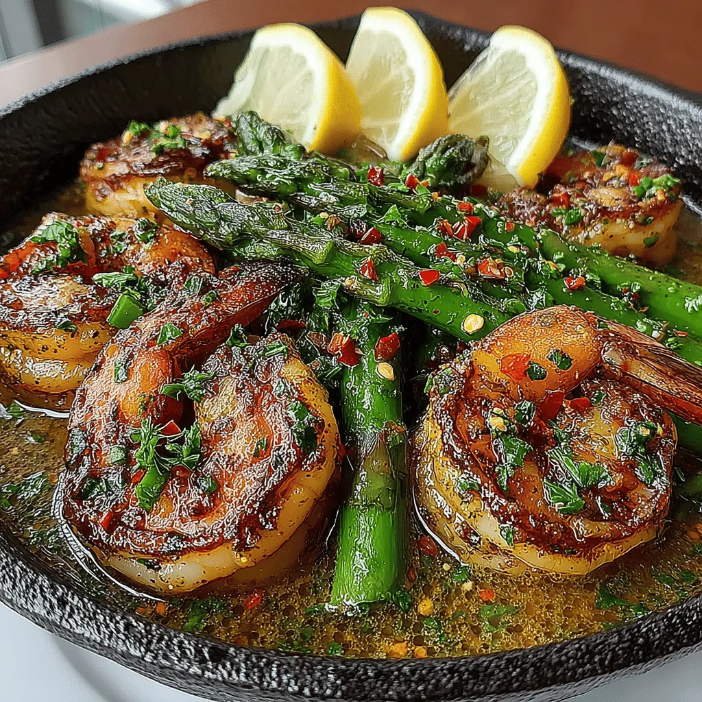 - 1 pound large shrimp, peeled and deveined - 1 bunch asparagus, trimmed and cut into 2-inch pieces - 4 tablespoons unsalted butter - 4 cloves garlic, minced - Juice of 1 lemon - 1/2 cup chicken broth or white wine - Salt and pepper to taste - Fresh parsley, chopped (for garnish)