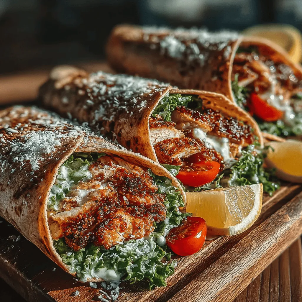 - 2 boneless, skinless chicken breasts - 2 tablespoons olive oil - 1 teaspoon garlic powder - 1 teaspoon paprika - Salt and pepper, to taste - 4 whole wheat tortillas - 2 cups romaine lettuce, chopped - 1 cup cherry tomatoes, halved - 1/4 cup grated Parmesan cheese - 1/3 cup Caesar dressing (light or regular)