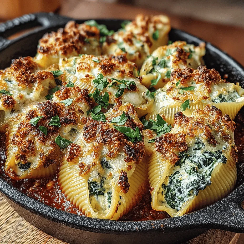 - 12 jumbo pasta shells - 2 cups fresh spinach, chopped - 1 cup ricotta cheese - 1 cup mozzarella cheese, shredded - 1/2 cup grated Parmesan cheese - 2 cloves garlic, minced - 1/4 teaspoon nutmeg - Salt and pepper to taste - 1 cup marinara sauce - Olive oil for sautéing - Fresh parsley, chopped (for garnish)