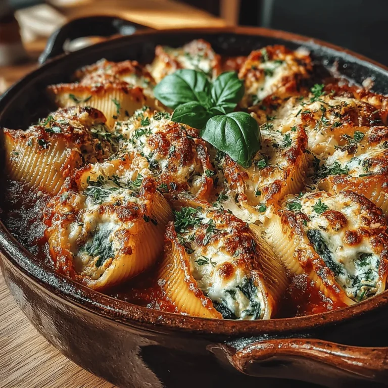 - 12 jumbo pasta shells - 2 cups fresh spinach, chopped - 1 cup ricotta cheese - 1 cup mozzarella cheese, shredded - 1/2 cup grated Parmesan cheese - 2 cloves garlic, minced - 1/4 teaspoon nutmeg - Salt and pepper to taste - 1 cup marinara sauce - Olive oil for sautéing - Fresh parsley, chopped (for garnish)