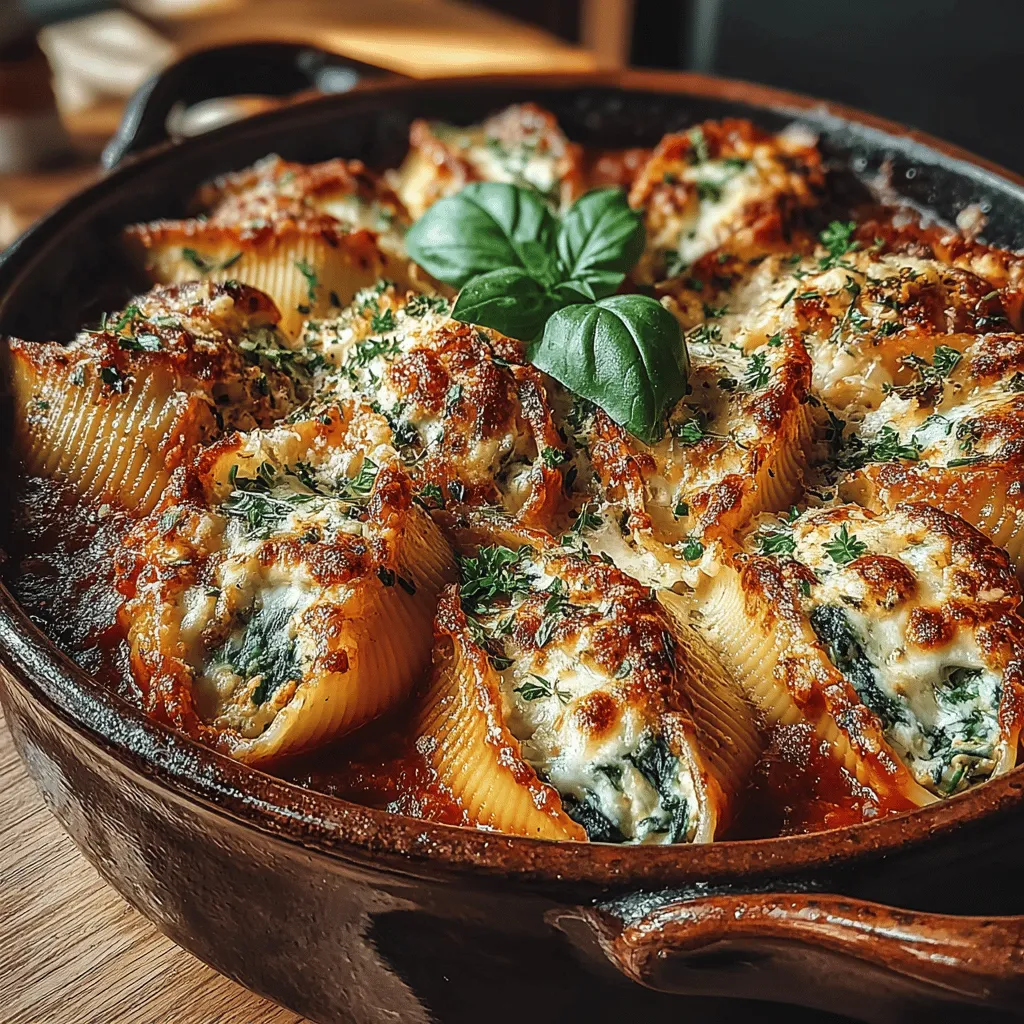 - 12 jumbo pasta shells - 2 cups fresh spinach, chopped - 1 cup ricotta cheese - 1 cup mozzarella cheese, shredded - 1/2 cup grated Parmesan cheese - 2 cloves garlic, minced - 1/4 teaspoon nutmeg - Salt and pepper to taste - 1 cup marinara sauce - Olive oil for sautéing - Fresh parsley, chopped (for garnish)