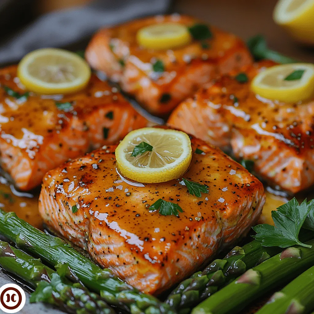 - 4 salmon fillets - 3 tablespoons Dijon mustard - 3 tablespoons honey - 2 tablespoons olive oil - 1 teaspoon garlic powder - Salt and pepper to taste - 1 bunch of asparagus, trimmed - 1 lemon, sliced - Fresh parsley for garnish (optional)