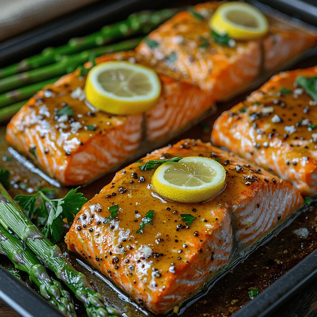 - 4 salmon fillets - 3 tablespoons Dijon mustard - 3 tablespoons honey - 2 tablespoons olive oil - 1 teaspoon garlic powder - Salt and pepper to taste - 1 bunch of asparagus, trimmed - 1 lemon, sliced - Fresh parsley for garnish (optional)