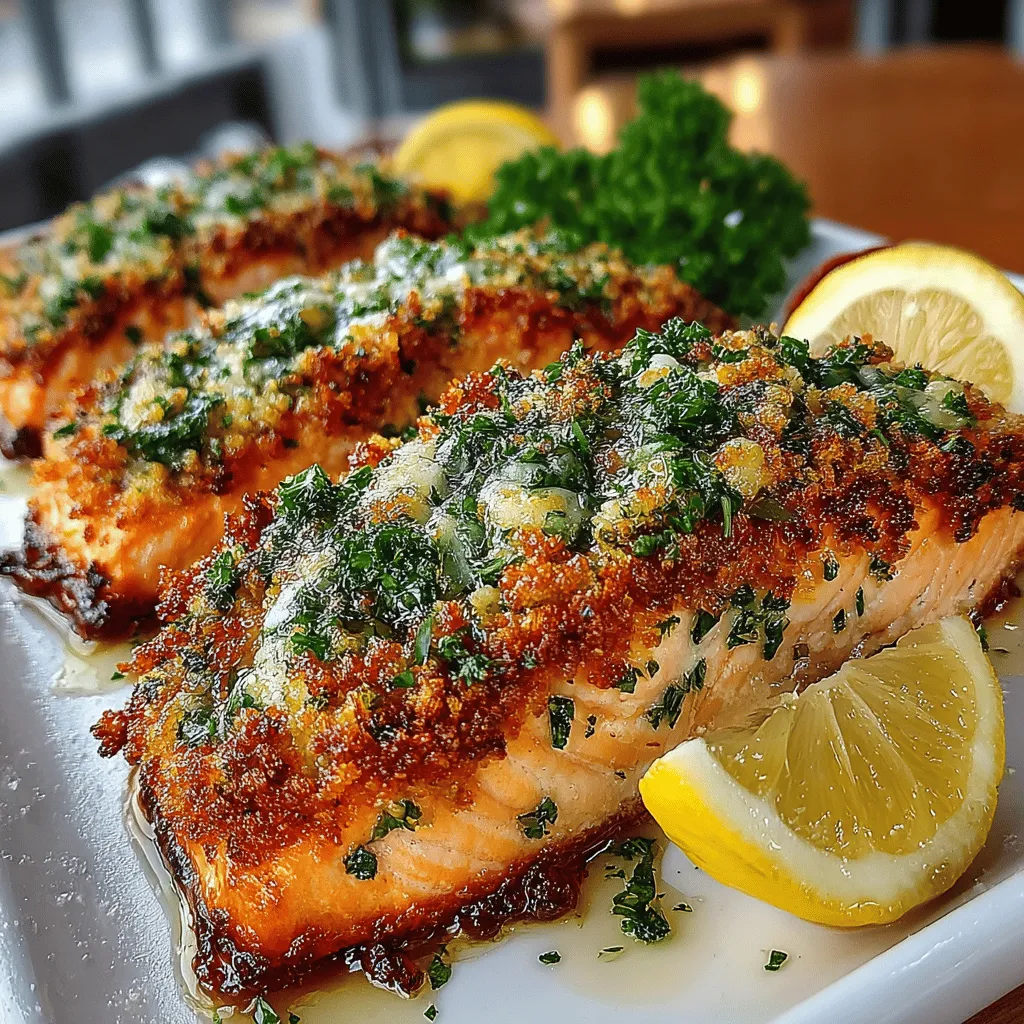 - 4 salmon fillets (about 6 ounces each) - 1 cup panko breadcrumbs - 1 cup grated Parmesan cheese - 3 cloves garlic, minced - 2 tablespoons fresh parsley, chopped - 2 tablespoons Dijon mustard - 1 tablespoon lemon juice - 1 teaspoon smoked paprika (optional) - Salt and pepper, to taste - Olive oil, for drizzling